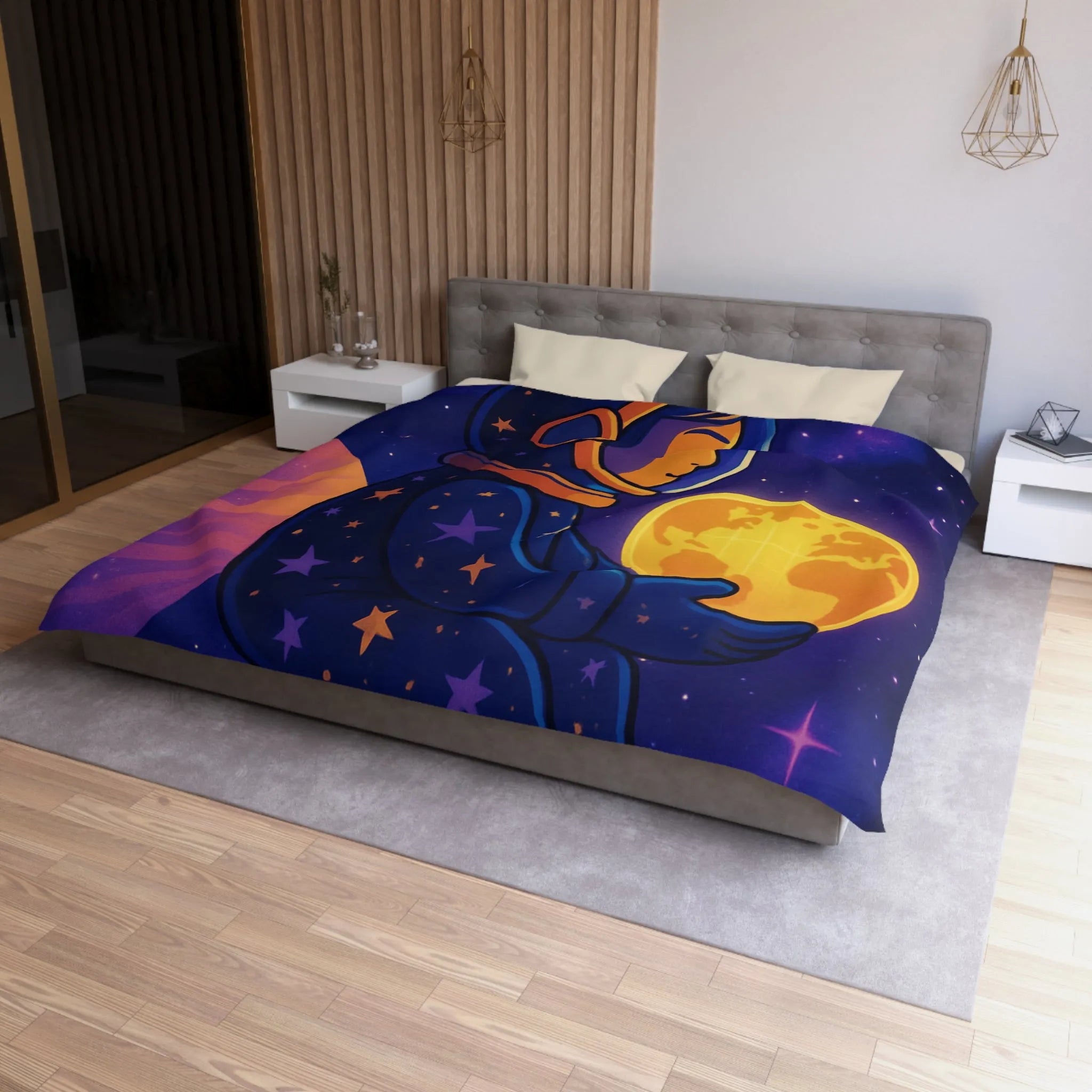 Housse de couette cosmos enfantine avec astronaute rêveur tenant une planète lumineuse