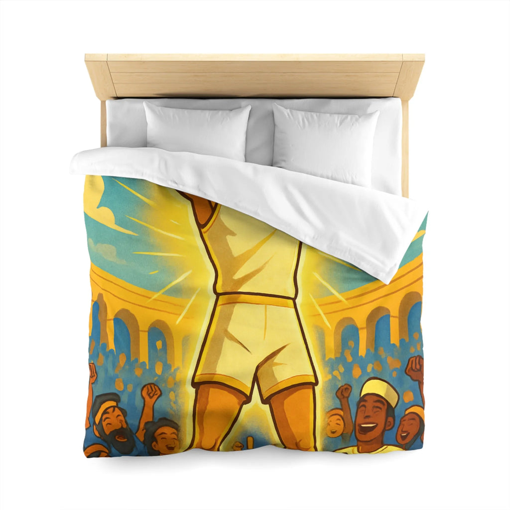 Housse de couette lumineuse avec athlète triomphant dans une arène ensoleillée vibrante