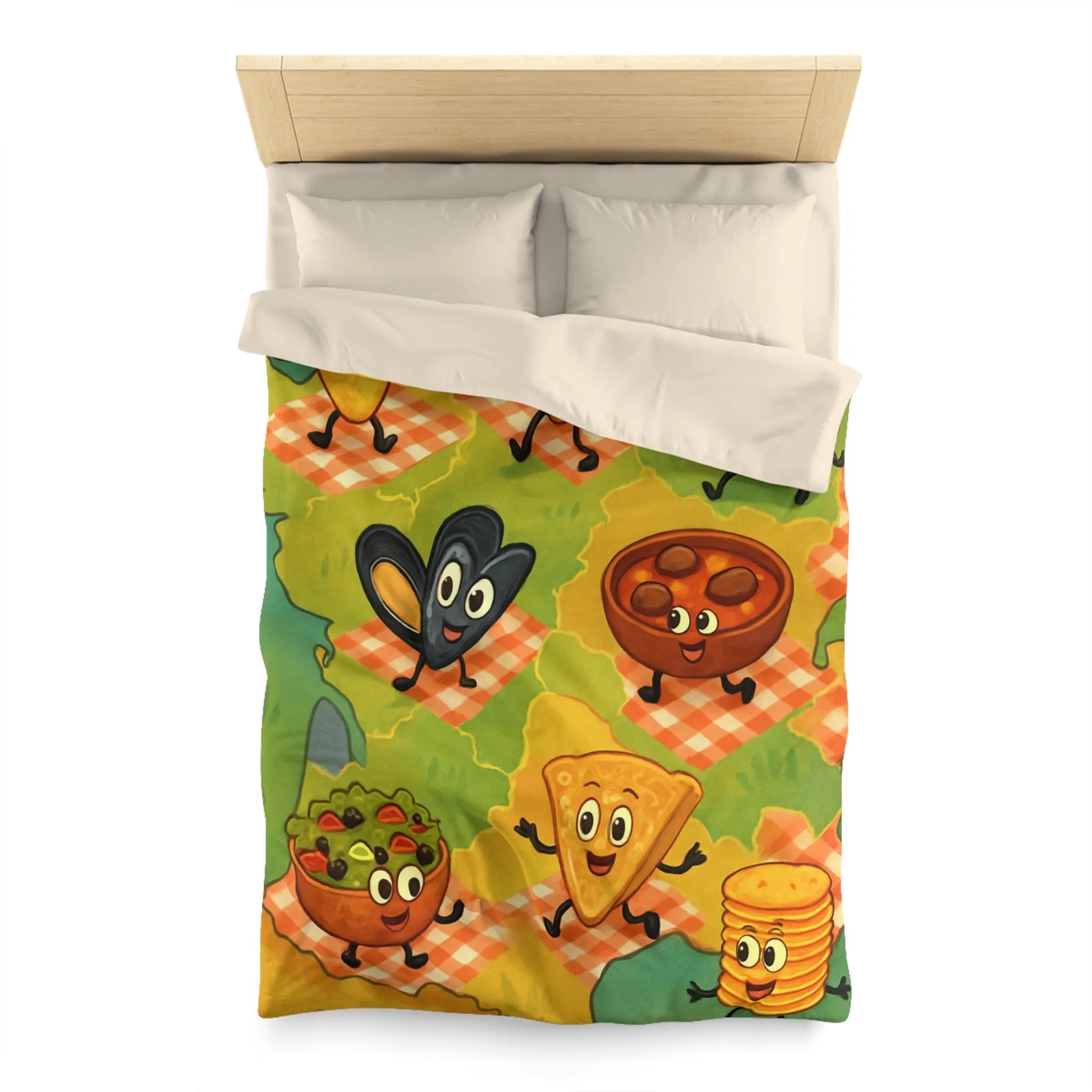 Housse de couette colorée avec motif ludique de spécialités culinaires françaises