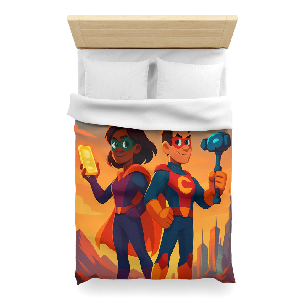 Super-héros Enfantins avec Drones dans Paysage Urbain Coloré Crépusculaire Illustré