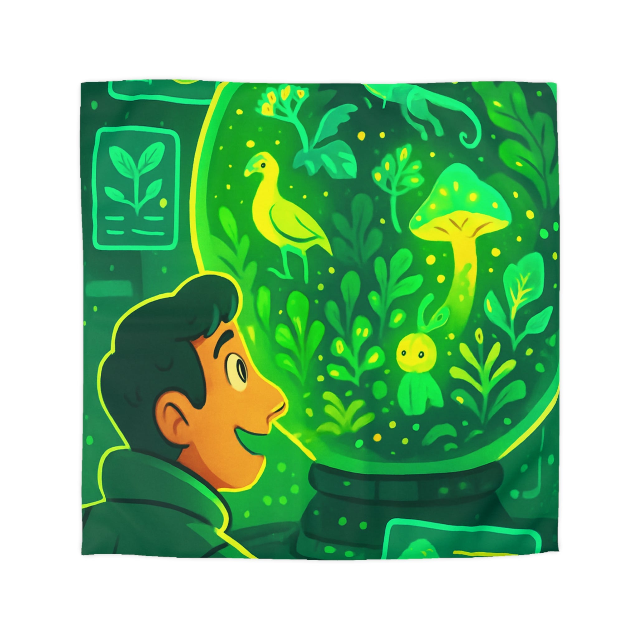 Housse de couette verte forêt magique avec créatures et éléments de laboratoire lumineux