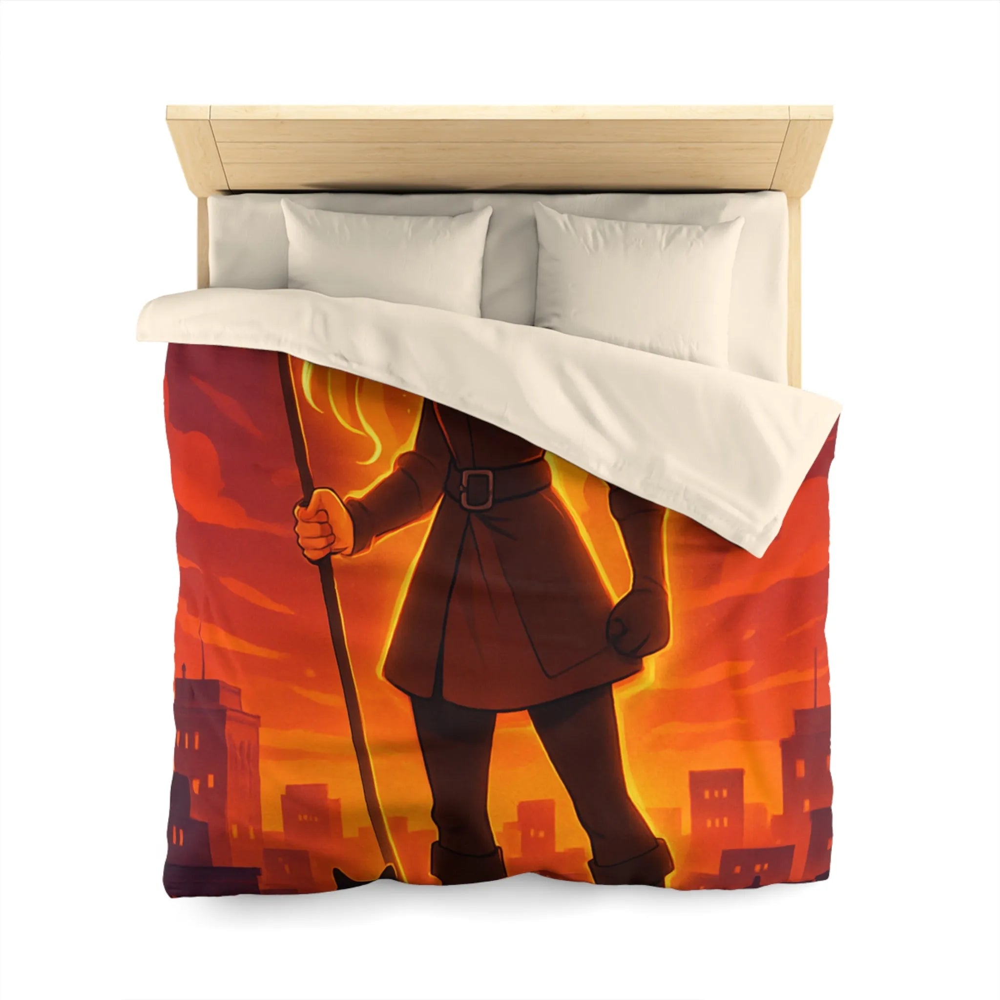 Housse de Couette Fantaisie Aventureuse Avec Guerrière et Chat Noir Sur Fond Urbain