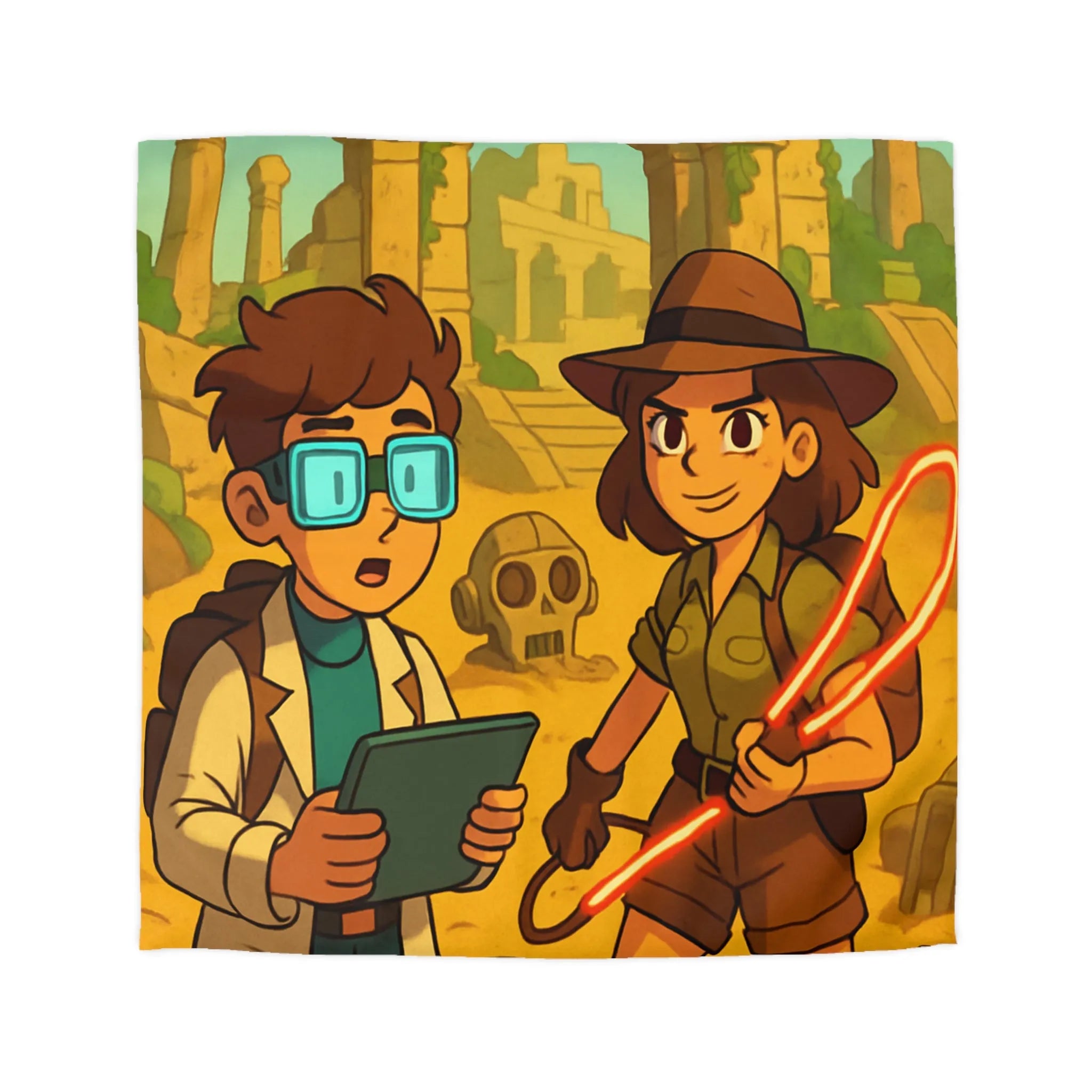 Housse de couette aventuriers explorant ruines mystérieuses en style cartoon animé coloré