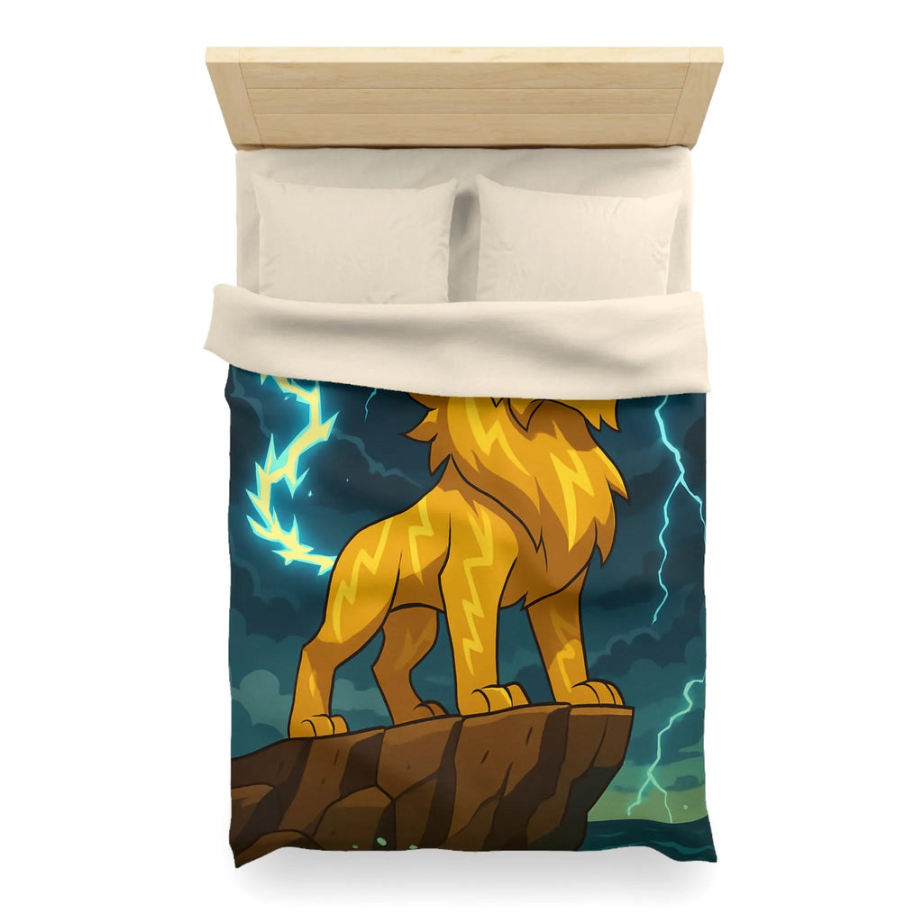 Housse de couette lion éclair lumineux, style animé, ambiance puissante, couleurs vibrantes