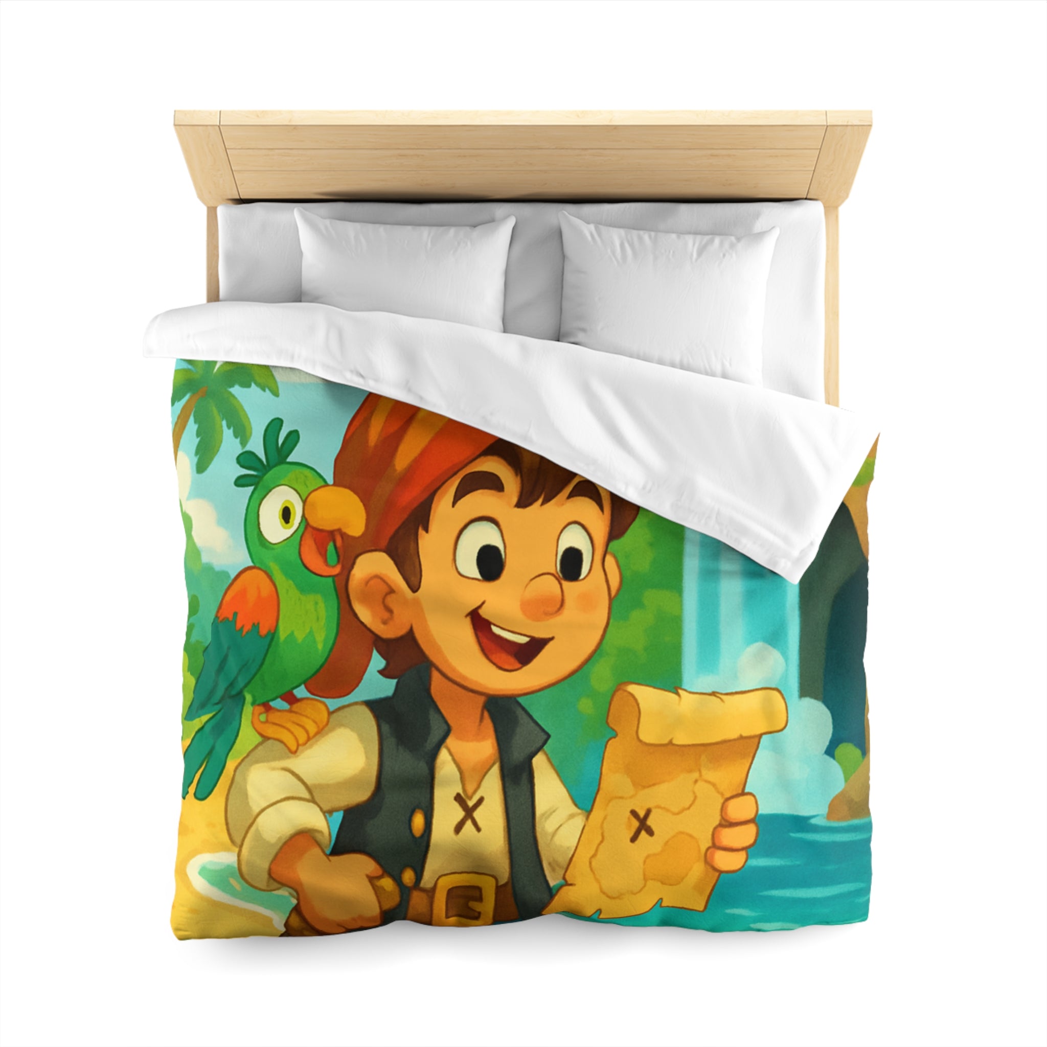 Housse de Couette Pirate Enfantine avec Perroquet, Carte au Trésor, Cascade et Plage