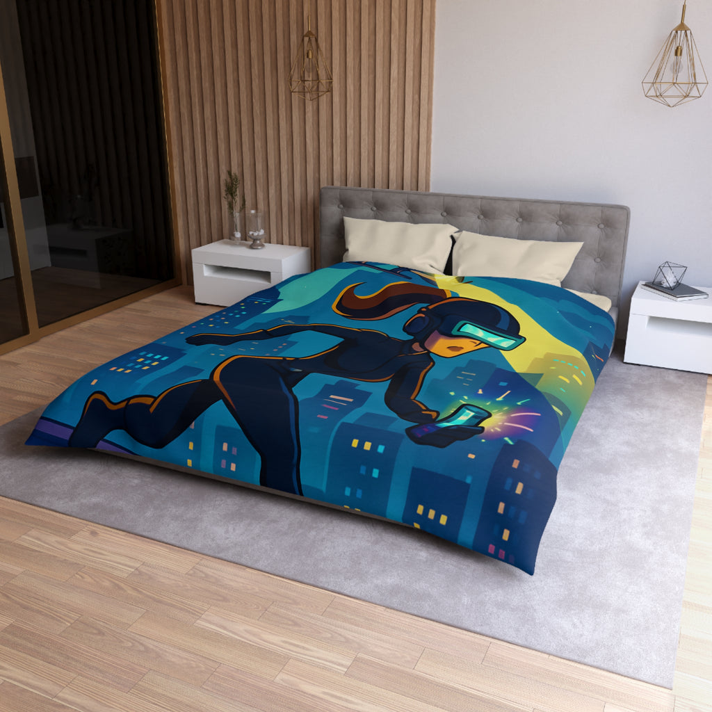 Housse de couette moderne avec motif de ville et personnage futuriste en action