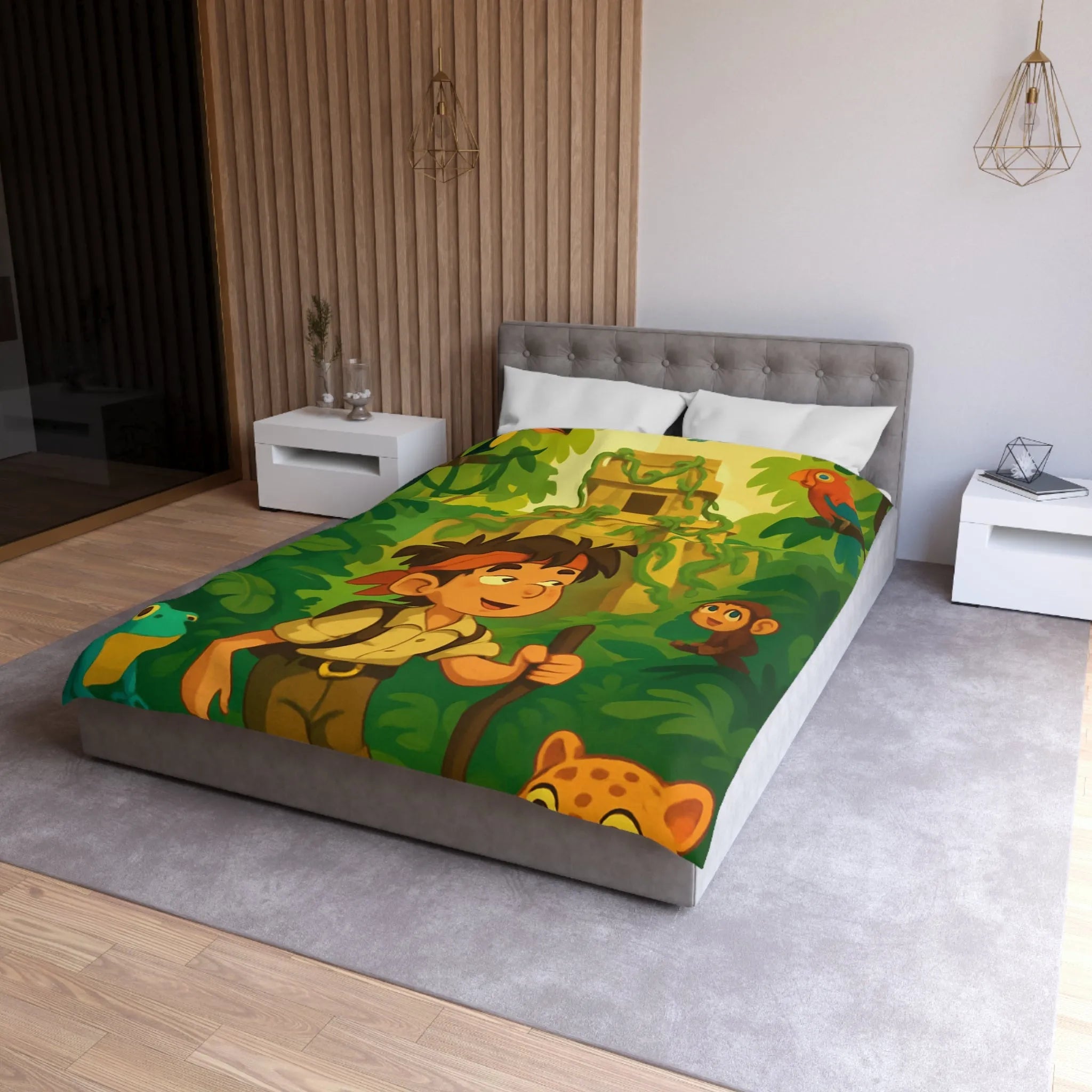 Housse de couette aventure jungle exotique pour chambre d'enfant avec animaux et temple