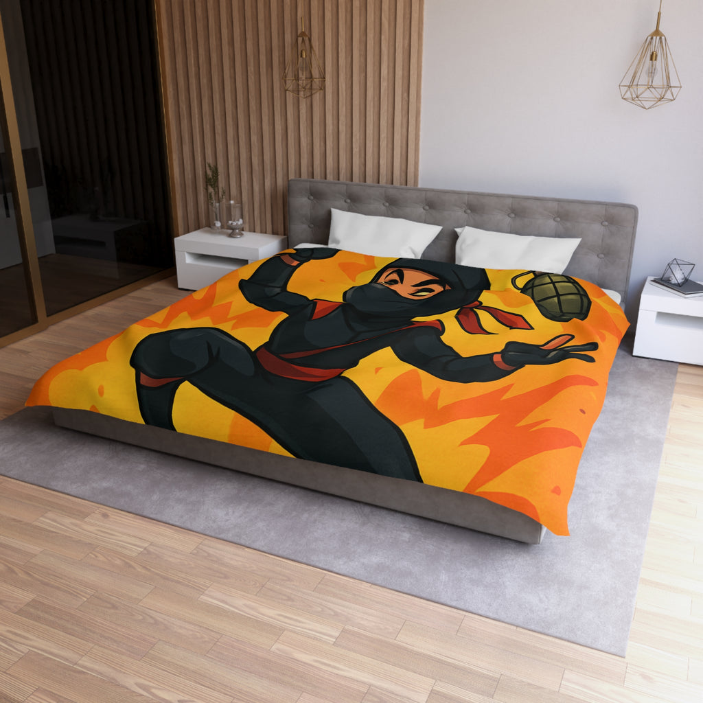 Housse de couette ninja dynamique avec explosion et grenades en fond orange vibrant