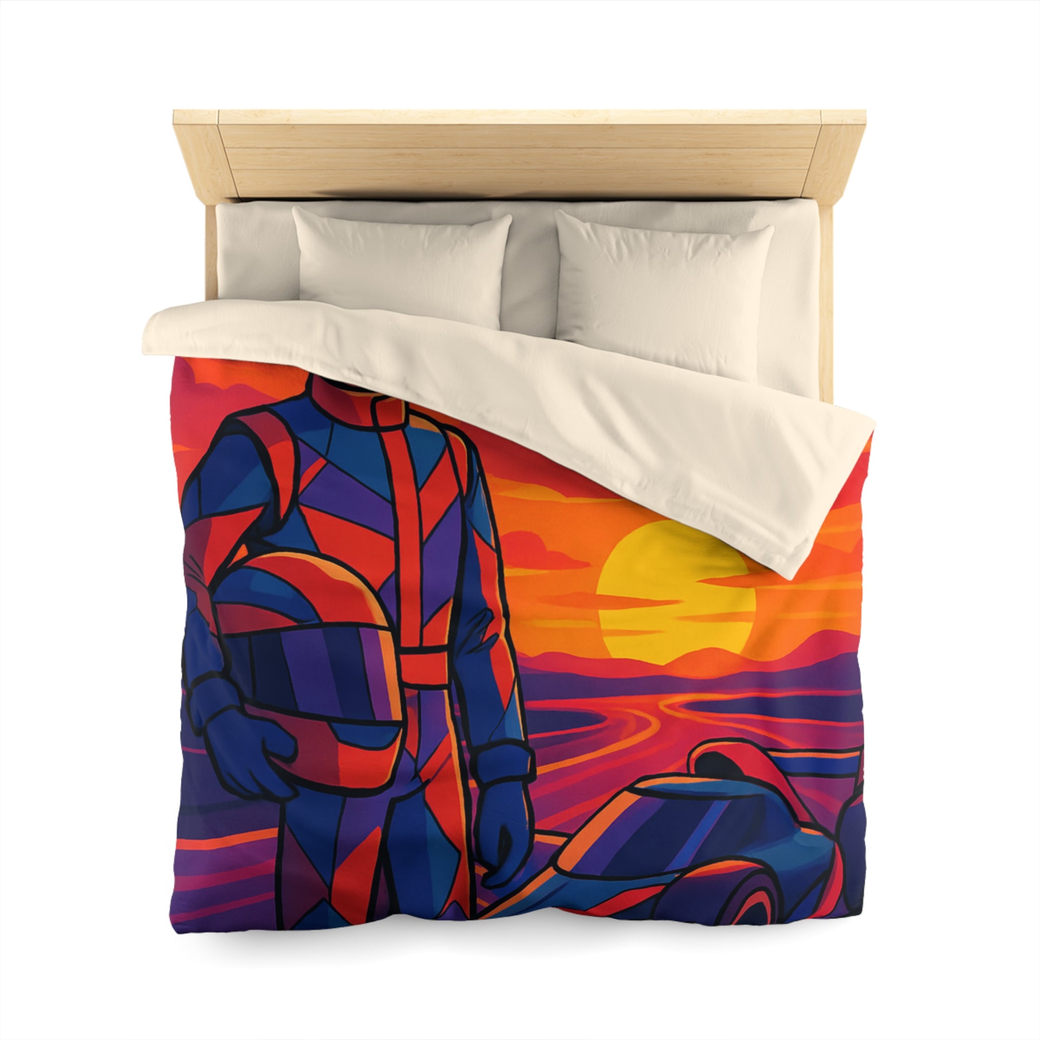 Housse de couette motif pilote de course et voiture au coucher du soleil vibrant