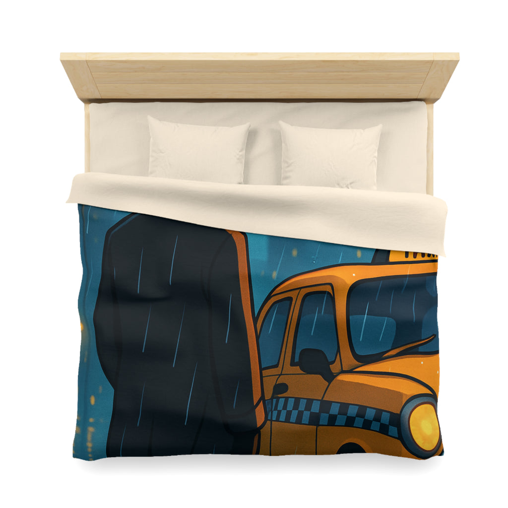 Mystérieux Homme En Imper Parapluie Noir Attendant Taxi Jaune Sous Pluie Urbaine Nocturne