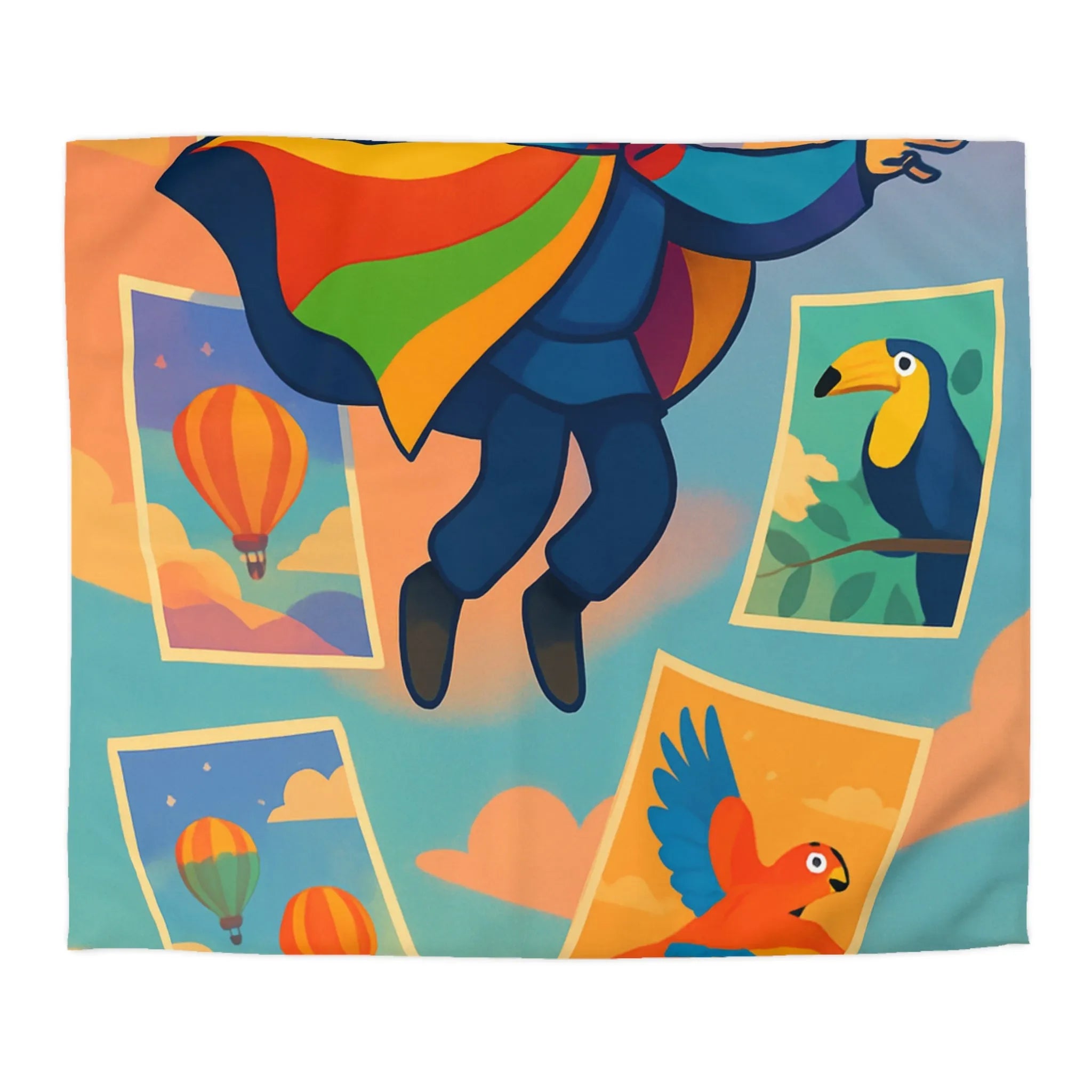 Housse de couette colorée avec motifs d'aventure de montgolfières et oiseaux exotiques