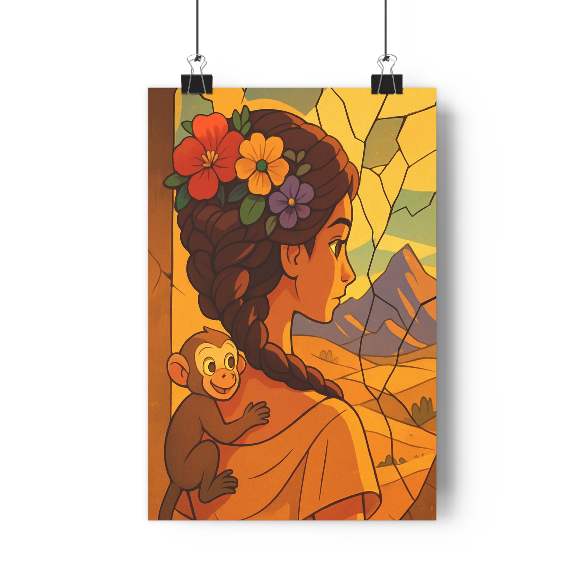Poster décoratif femme tresse fleurs singe anime surréaliste couleurs chaudes salon chambre artistique 30
