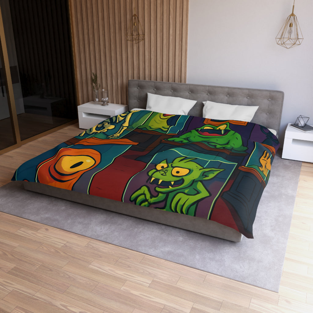 Housse de couette pour enfant avec monstres comiques dans un musée fantaisiste et coloré