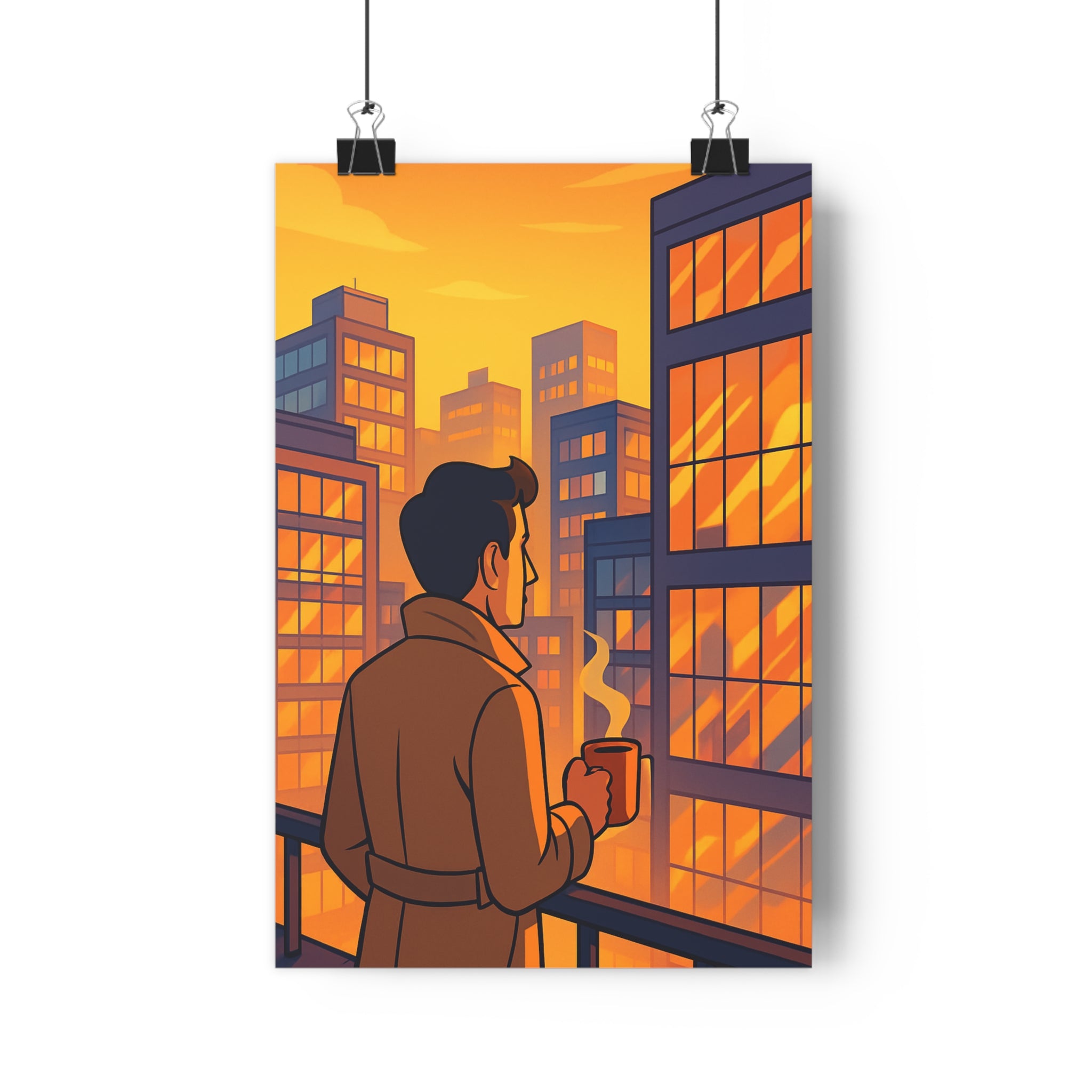 Poster décoratif rétro paysage urbain orange jaune chaleureux salon animé années 70 unique nostalgique