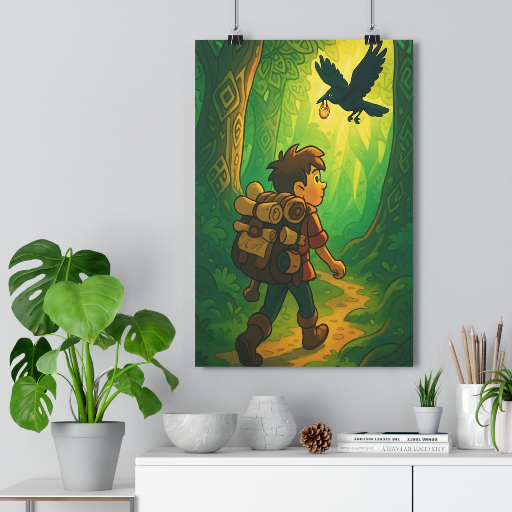 Poster décoratif cartoon vert doré aventure mystique forêt chambre enfant magique captivant enchanteur ambiance