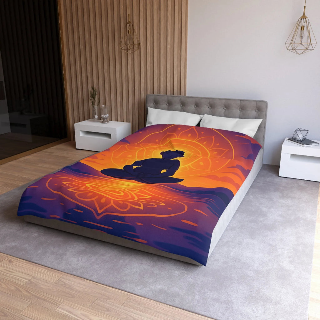 Housse de couette méditation silhouette au coucher de soleil avec reflet mandala lumineux