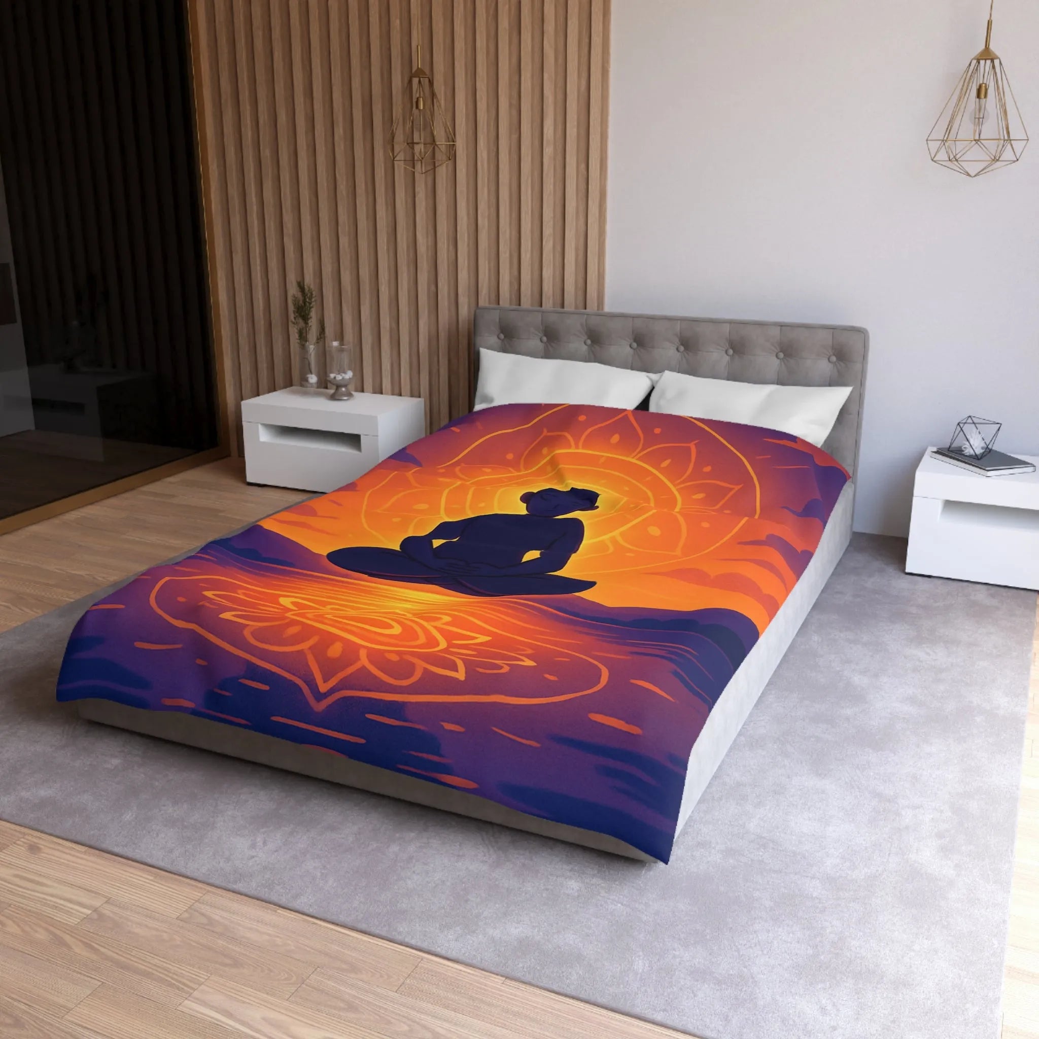 Housse de couette méditation silhouette au coucher de soleil avec reflet mandala lumineux