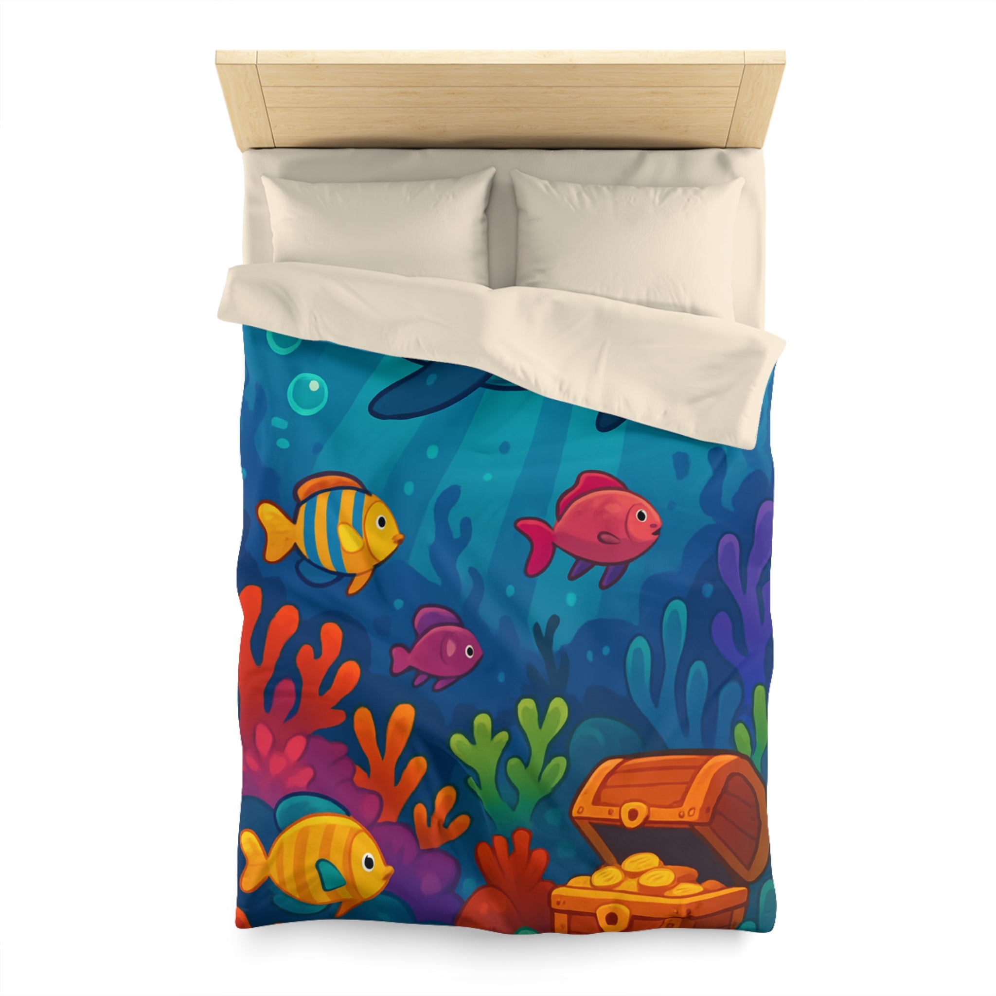 Housse de couette océan magique, baleine heureuse, poissons colorés et trésor sous-marin