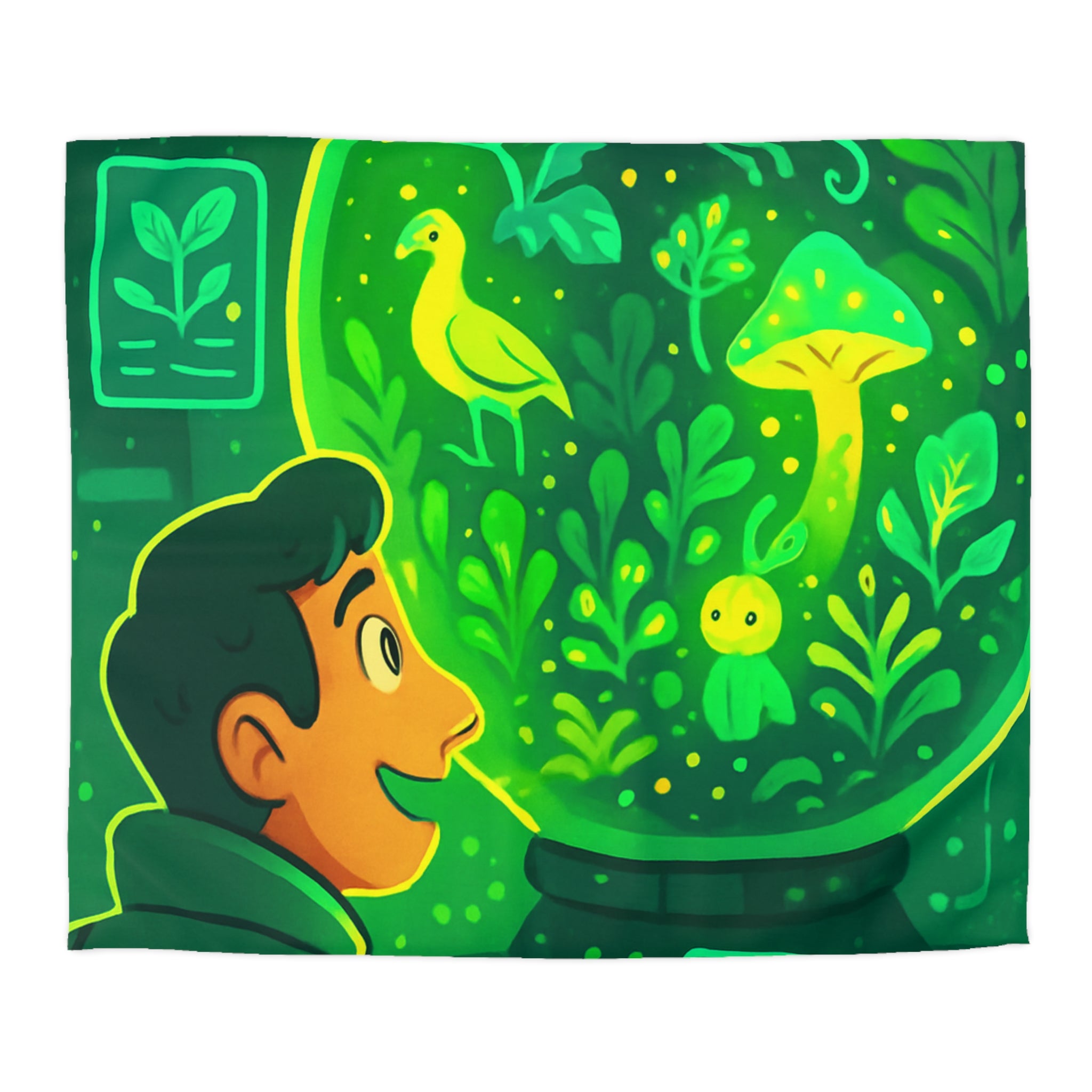 Housse de couette verte forêt magique avec créatures et éléments de laboratoire lumineux