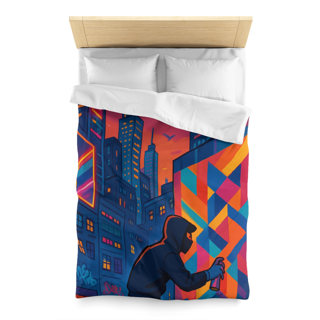 Housse de couette urbaine multicolore graffiti avec gratte-ciel et ciel crépusculaire
