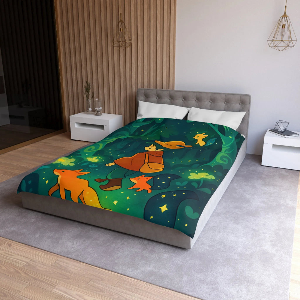 Housse de Couette Forêt Enchantée Enfants Renards Orange Jaune Vert Fantaisie Nuit