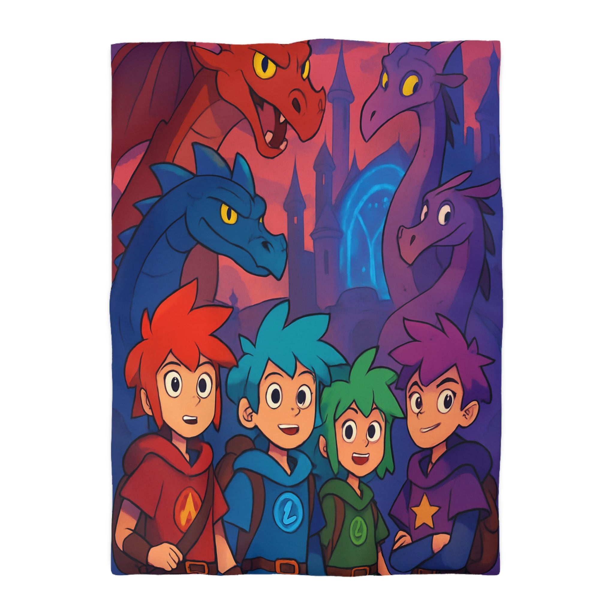 Quatre aventuriers et dragons devant château fantastique, parfait pour chambre d'enfant magique