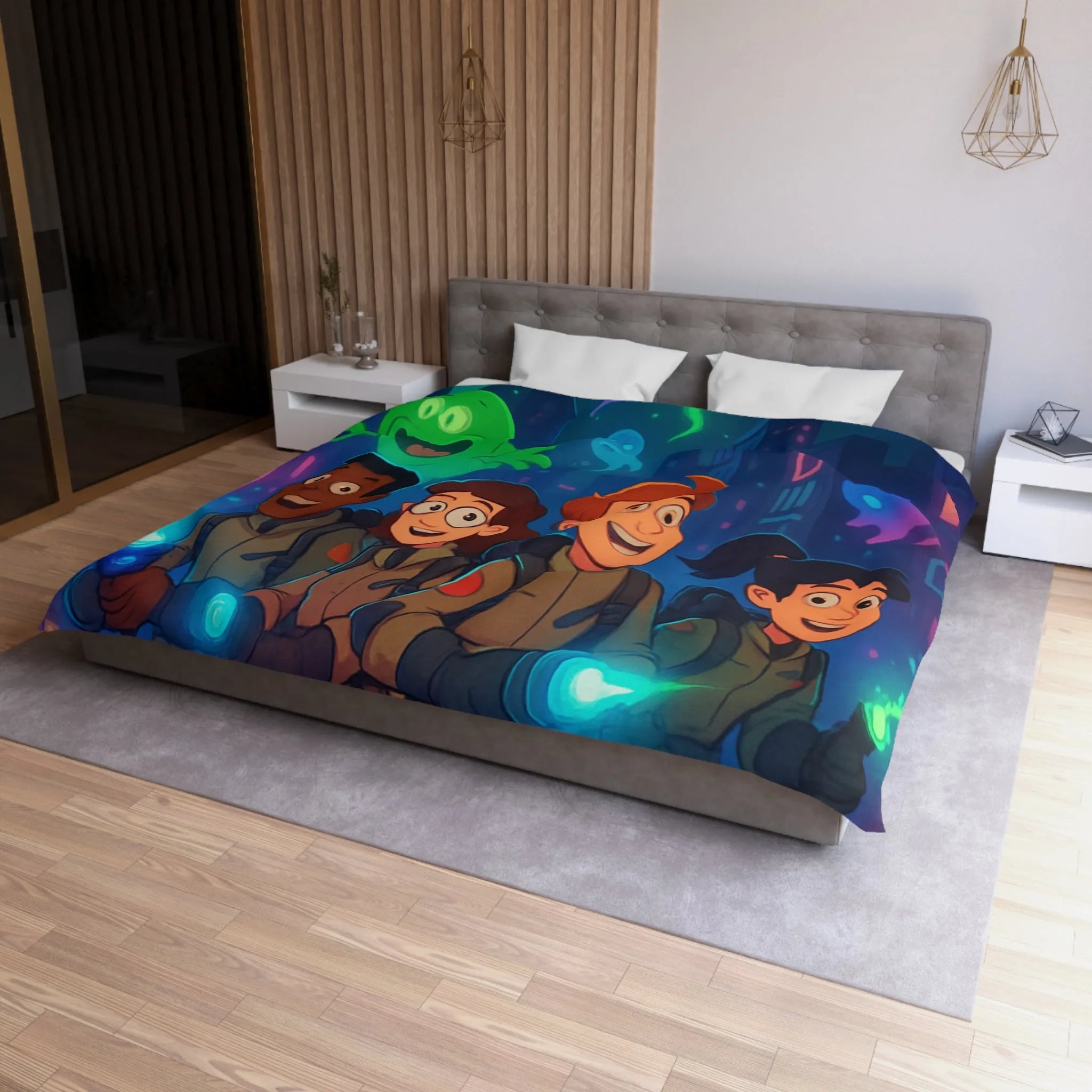 Housse de couette fantômes stylisés chasseurs de spectres pour chambre d'enfant joyeuse et colorée