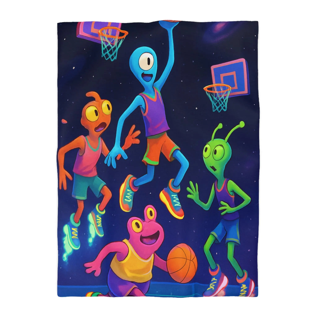 Housse de couette avec extraterrestres jouant au basket, ambiance lumineuse et amusante
