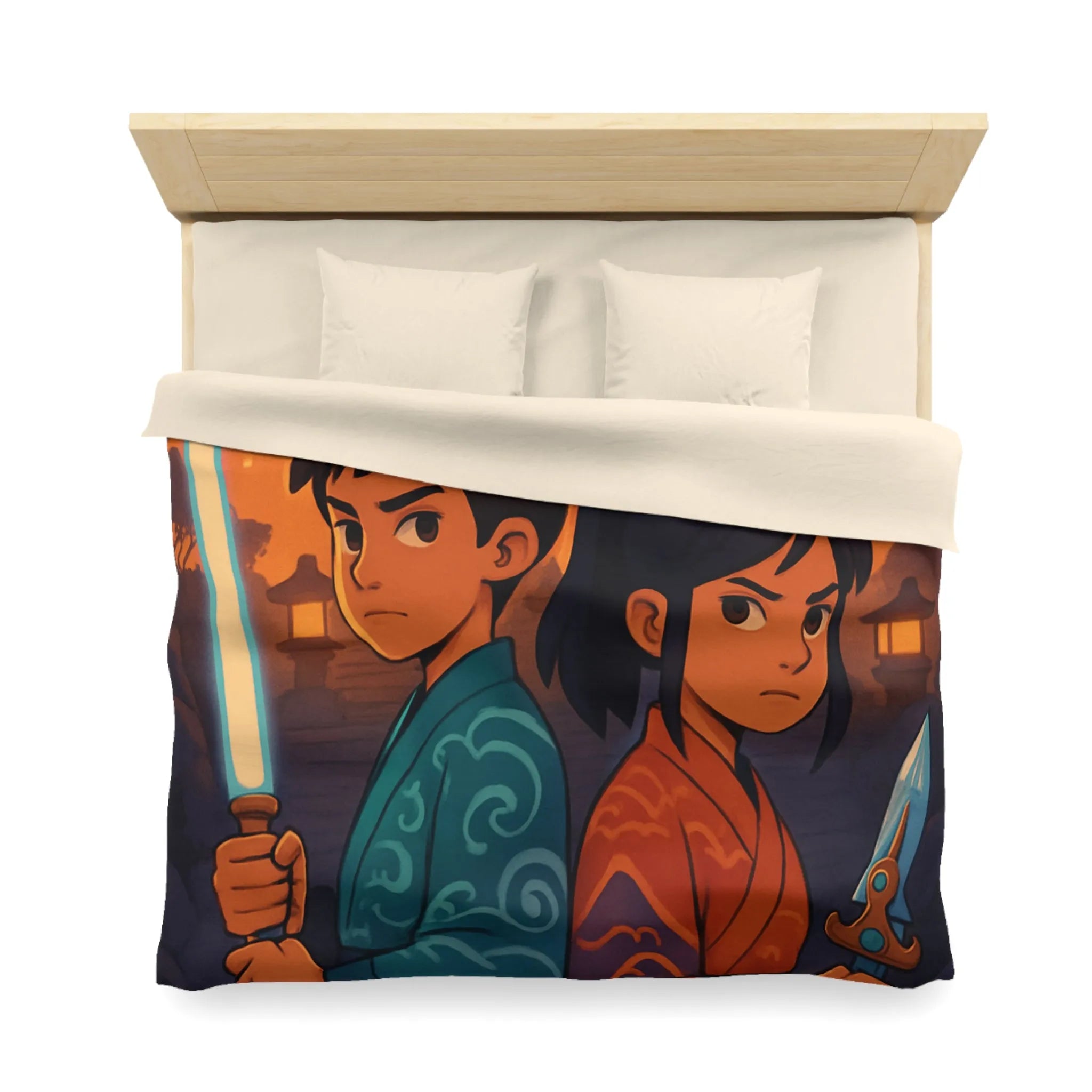 Housse de couette avec enfants guerriers, lanterne céleste, temple ancien, ambiance mystique