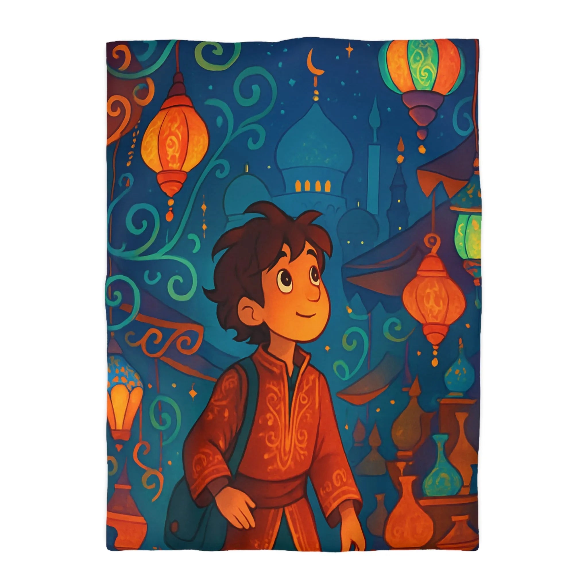 Housse de Couette Enfant : Aventure Nocturne avec Lanternes et Palais Mystiques