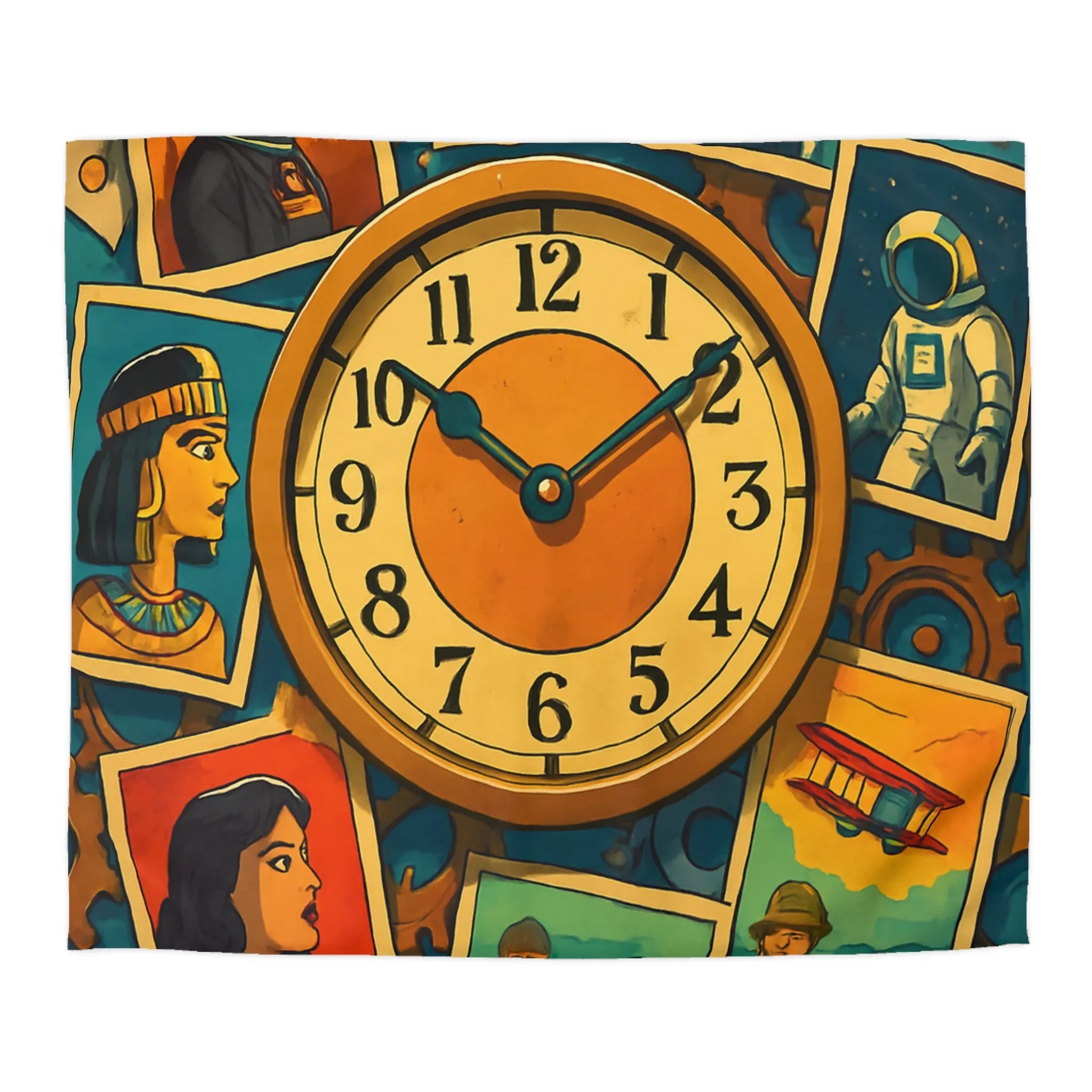 Housse de couette illustrant l'histoire colorée avec des figures emblématiques du temps et de l'espace