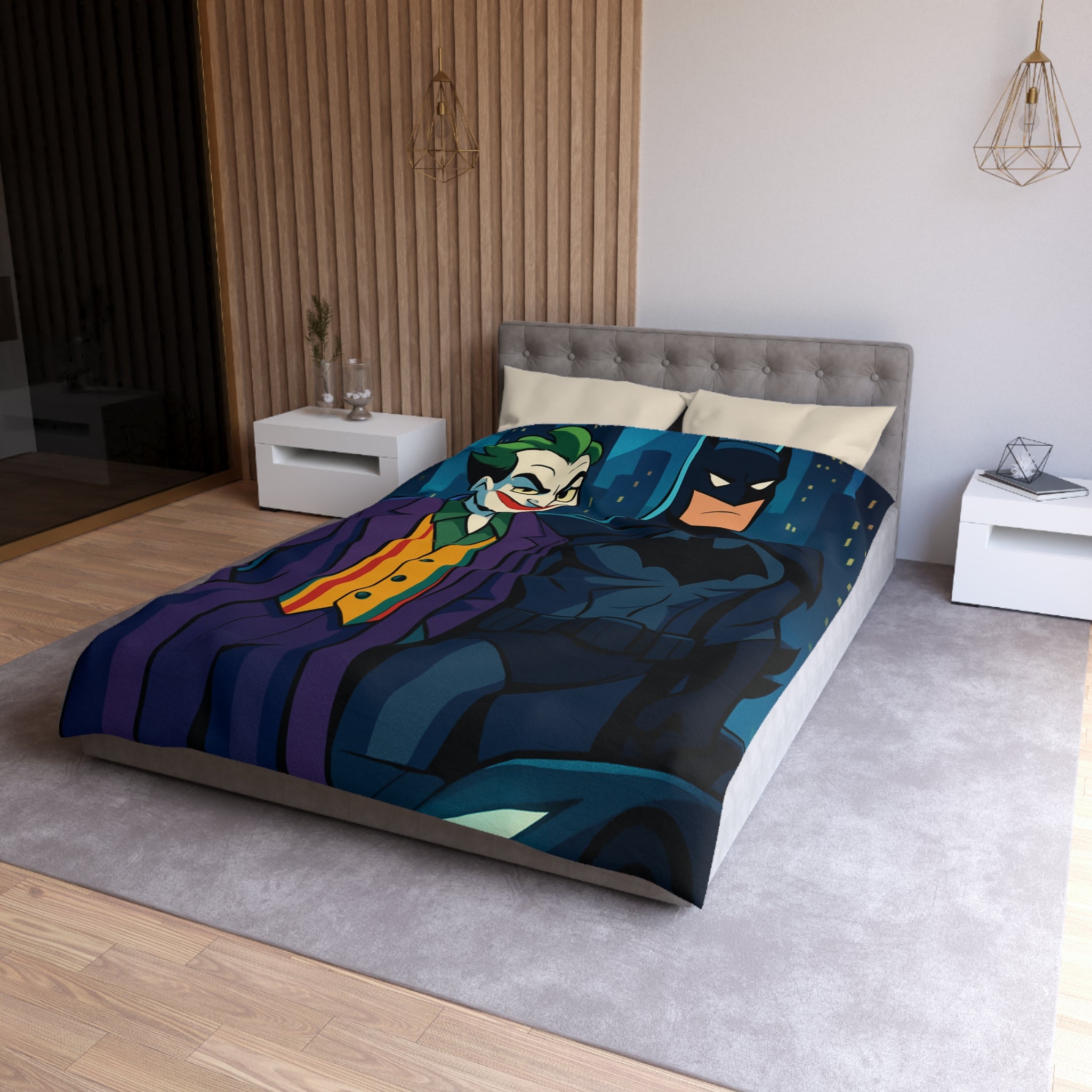 Superhéros au crépuscule : Housse de couette thème ville nocturne avec personnages emblématiques