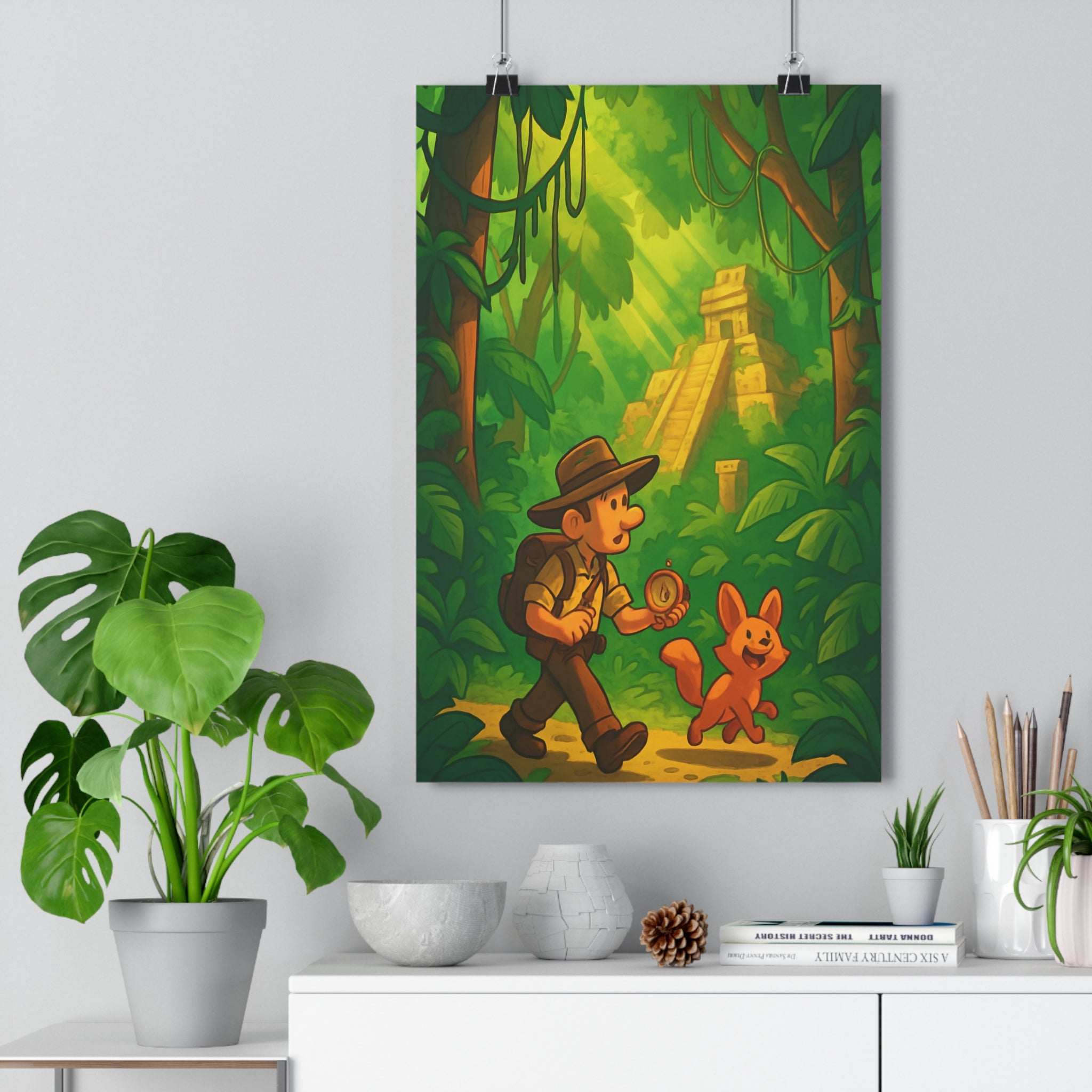 Poster décoratif cartoon aventure jungle mystérieuse enfant vibrant vert jaune chambre explorateur animal pyramide