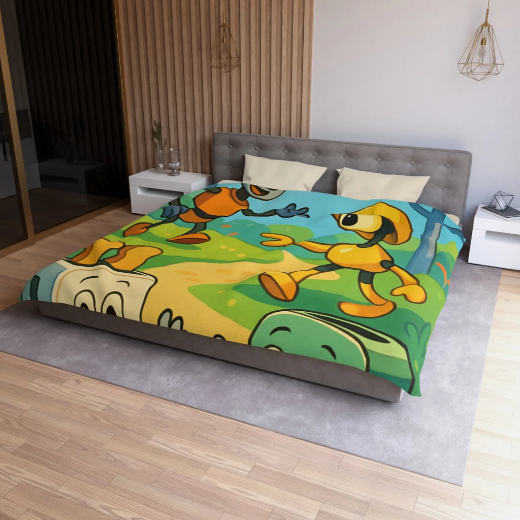 Housse de couette colorée avec robots joyeux et paysage forestier graphique