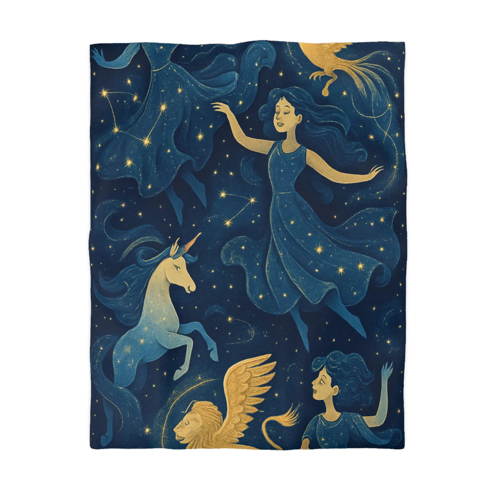 Housse de couette étoilée avec créatures mythiques et danseuses dans une palette bleue or