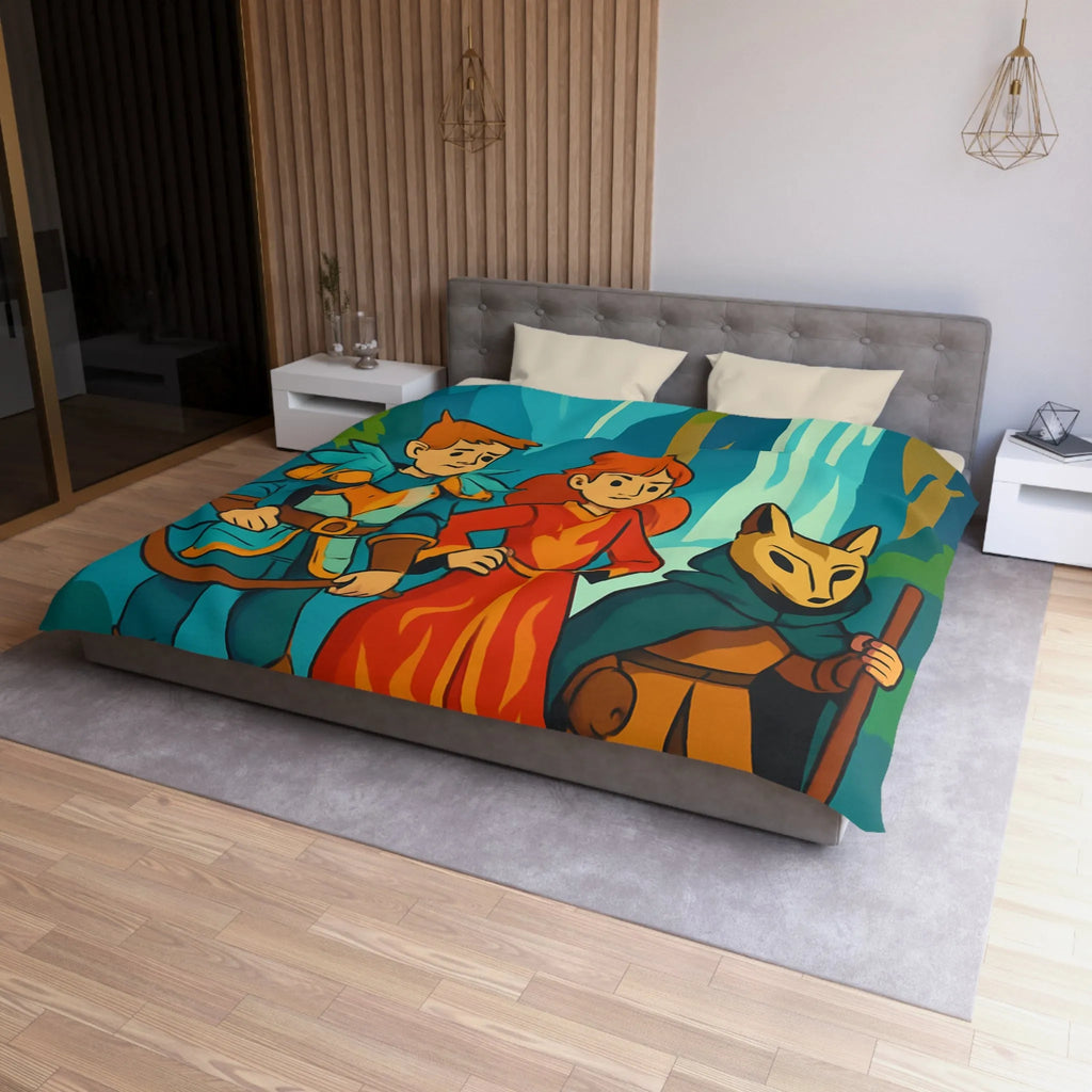 Housse de couette avec illustration aventureuse de personnages devant une cascade majestueuse