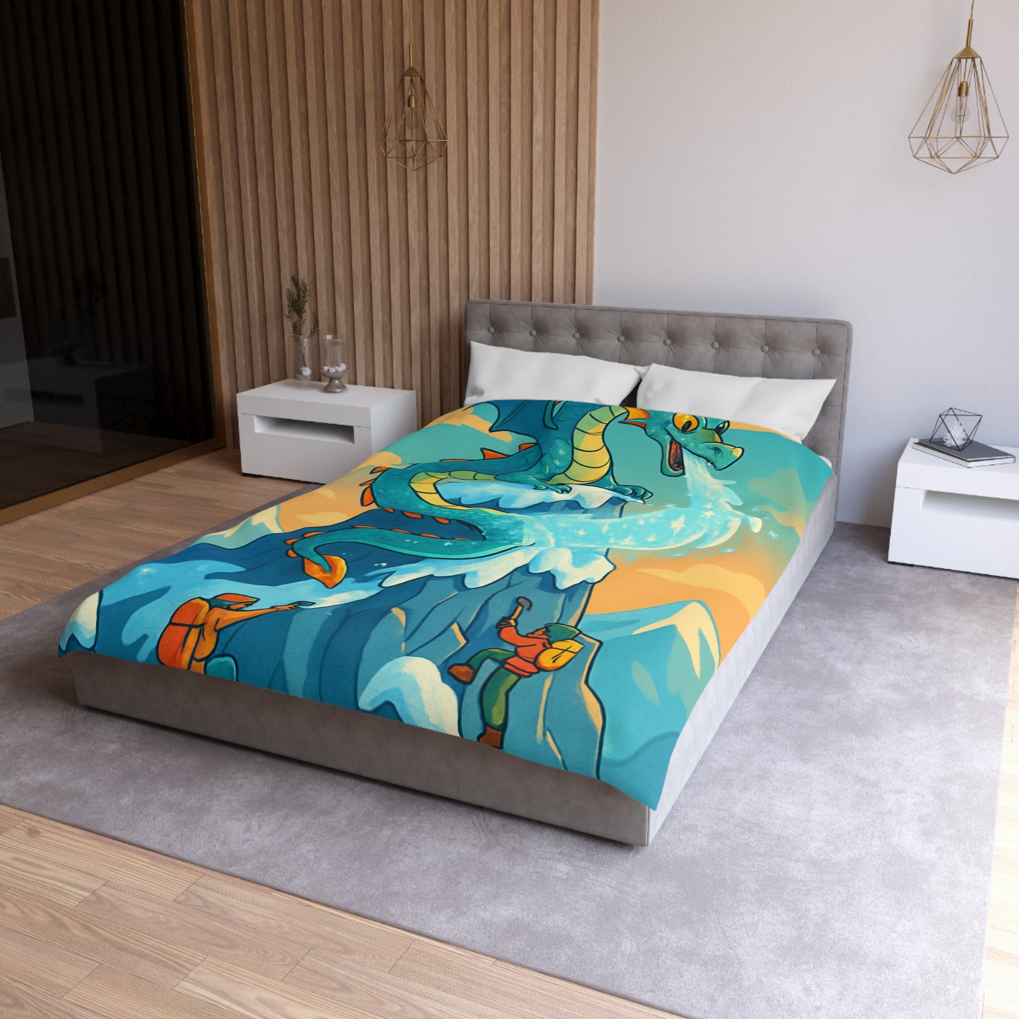 Montagne enneigée gardée par un dragon crachant de la glace, aventure épique illustrée