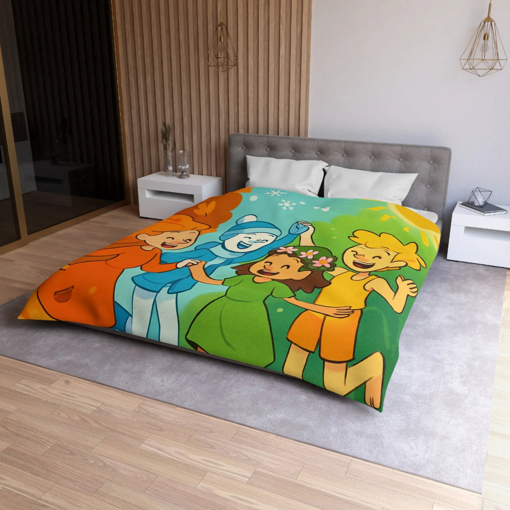 Ensemble saisonnier coloré avec soleil éclatant et personnages joyeux pour chambre lumineuse