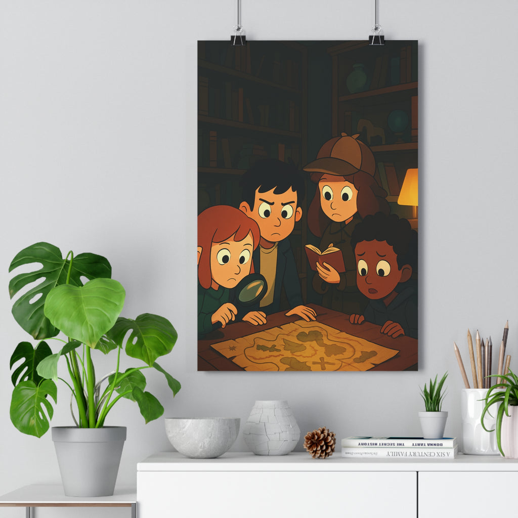 Poster décoratif dessin animé enfants aventure mystérieuse chambre ambiance intrigante captivante immersion couleur chaude