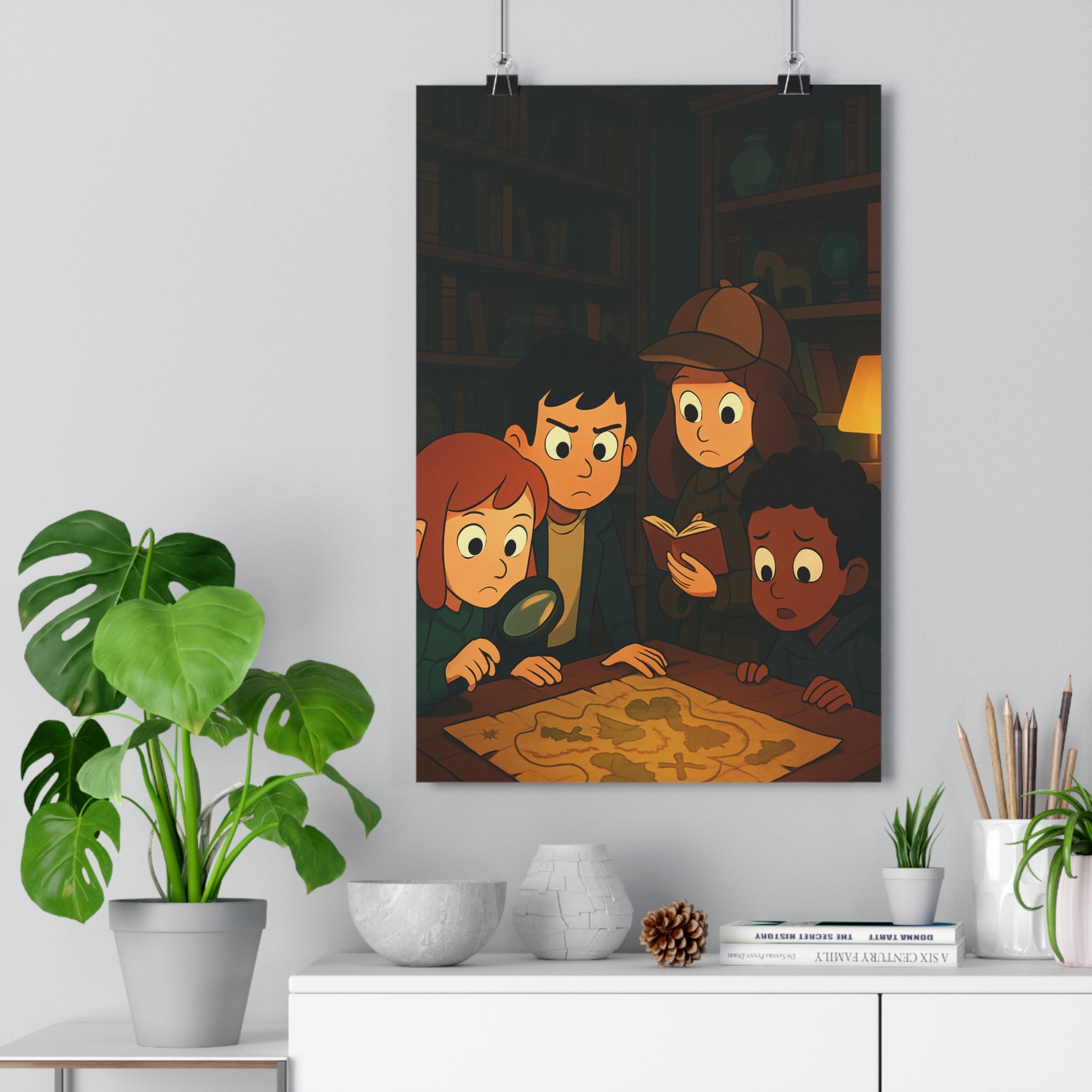 Poster décoratif dessin animé enfants aventure mystérieuse chambre ambiance intrigante captivante immersion couleur chaude