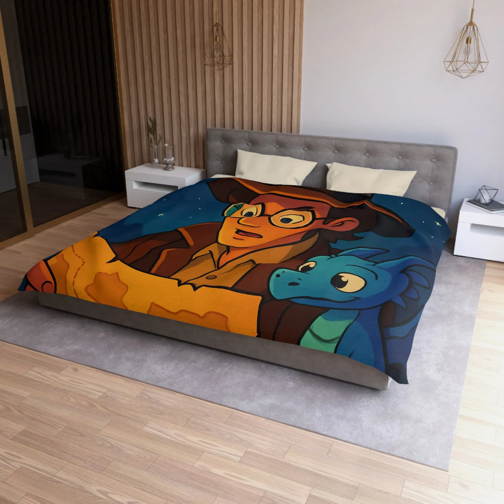 Aventure nocturne avec explorateur et dragon bleu sous planètes mystiques sur fond étoilé