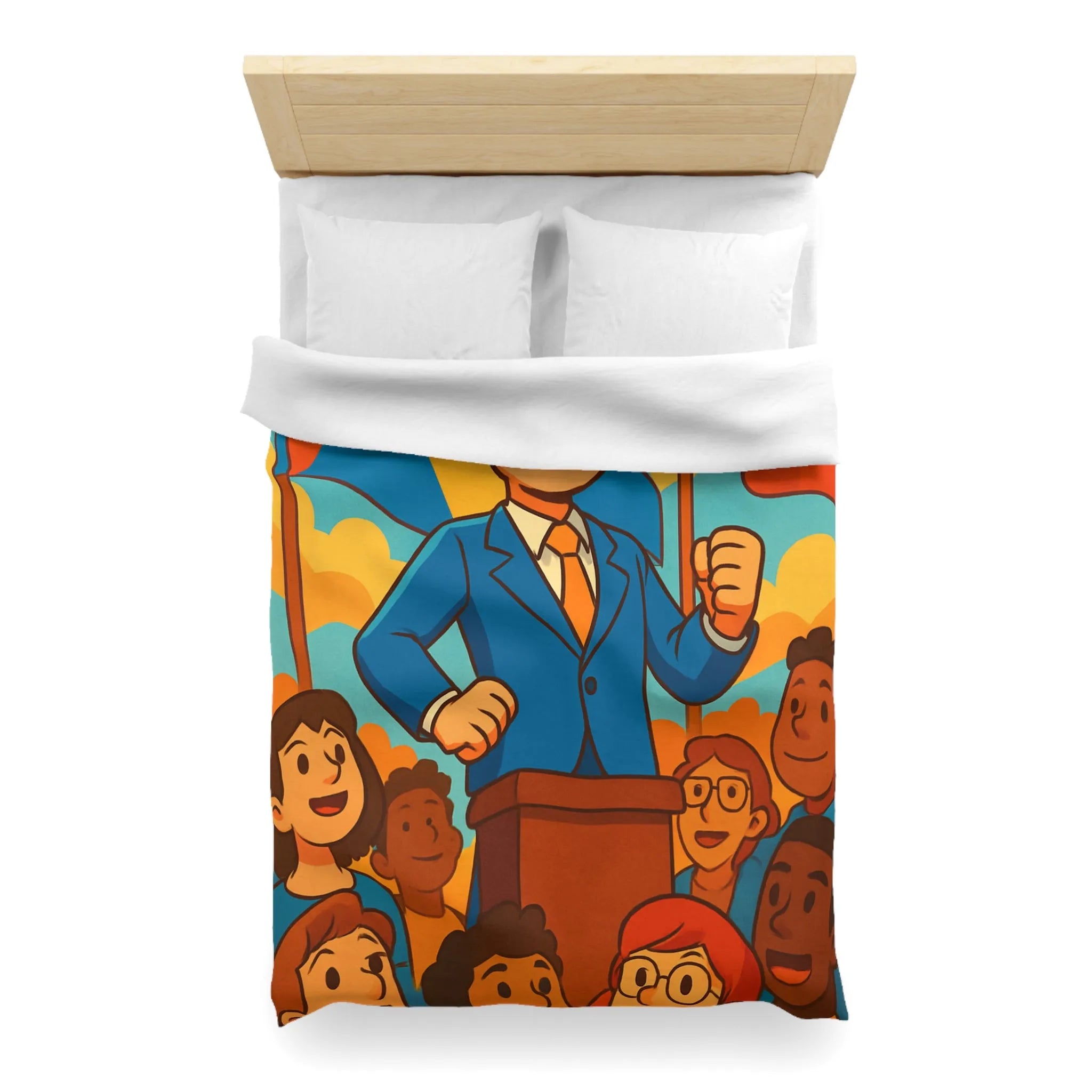 Housse de couette colorée avec illustration joyeuse de personnes et drapeaux vibrants