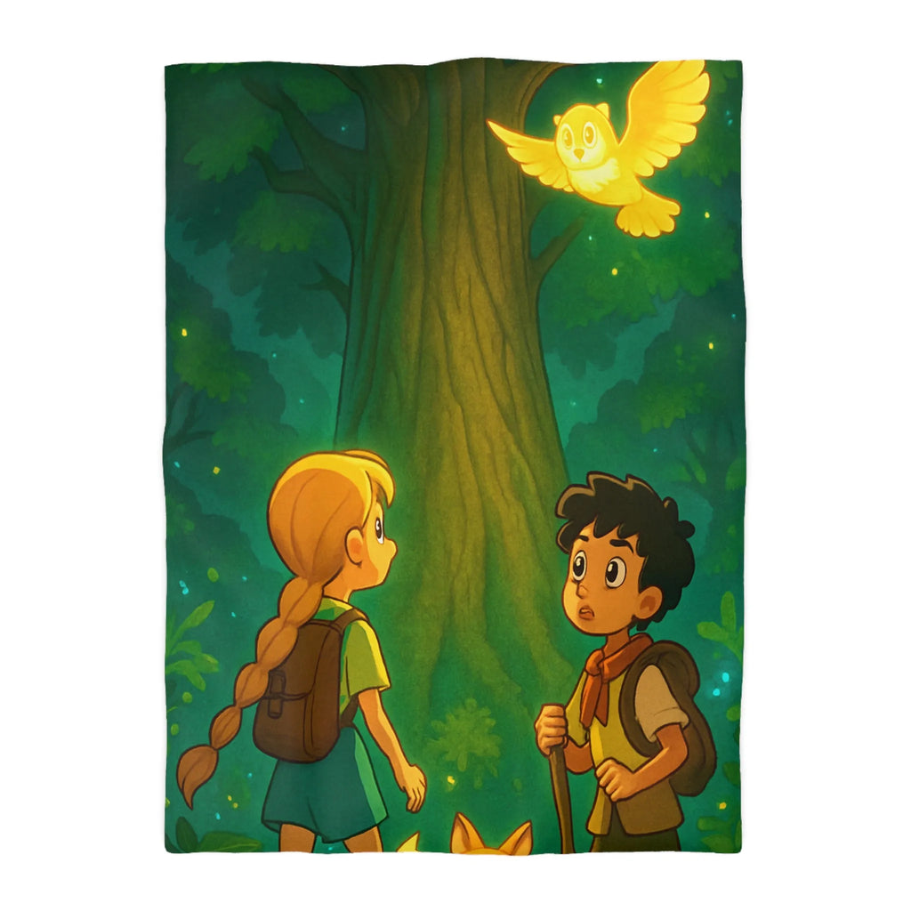 Housse de couette forêt enchantée avec enfants, renard et hibou lumineux