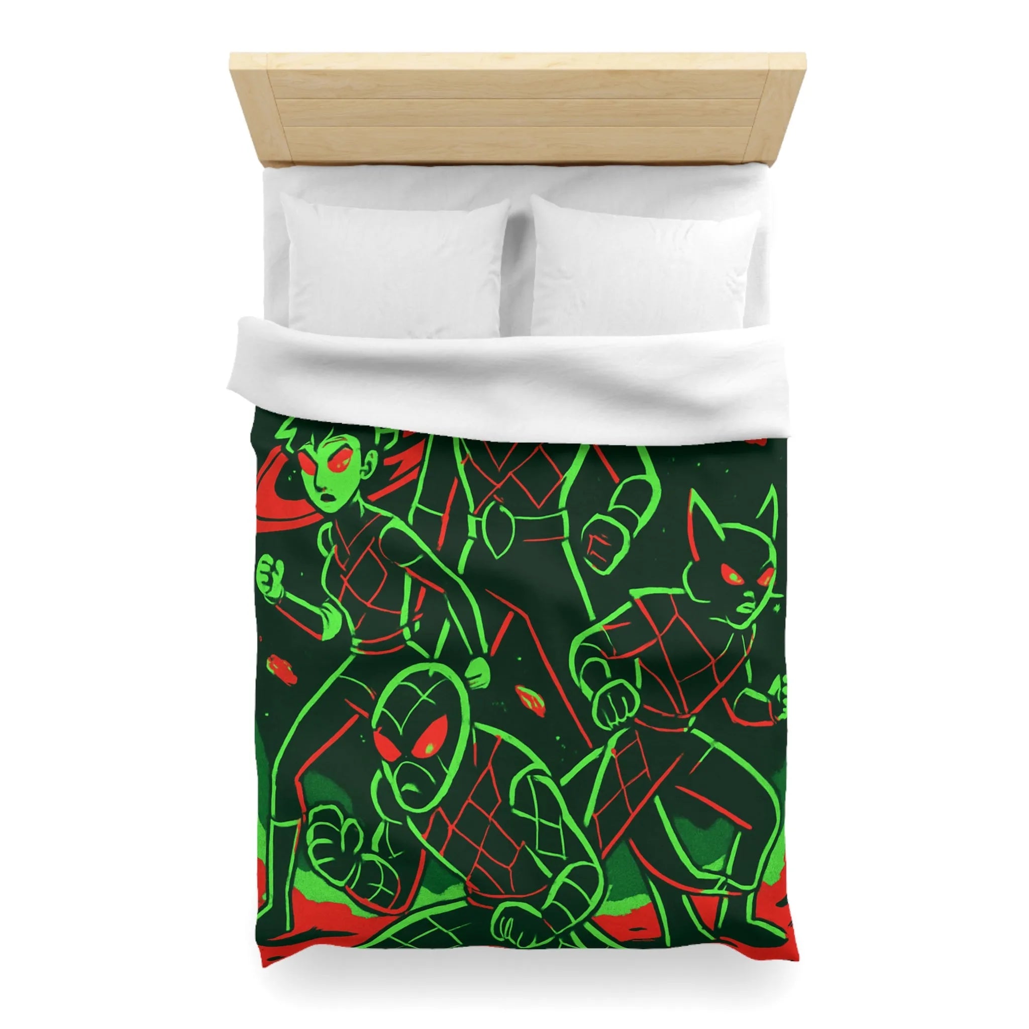 Housse de Couette Espace Vert Fluo Avec Quatre Héros En Pleine Action Rouge Noir