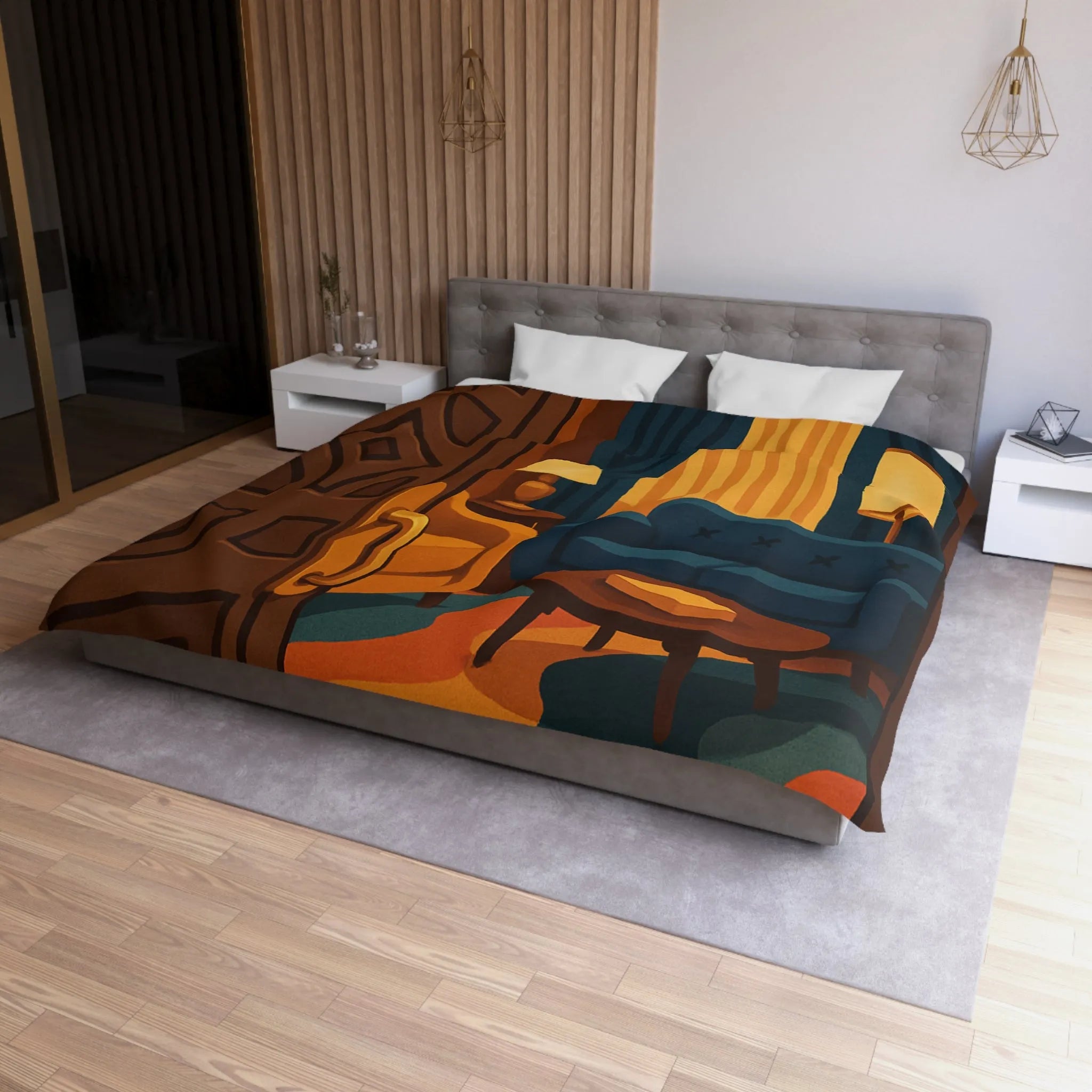 Élégante chambre rétro avec fauteuils modernes et rideaux en velours bleu nuit