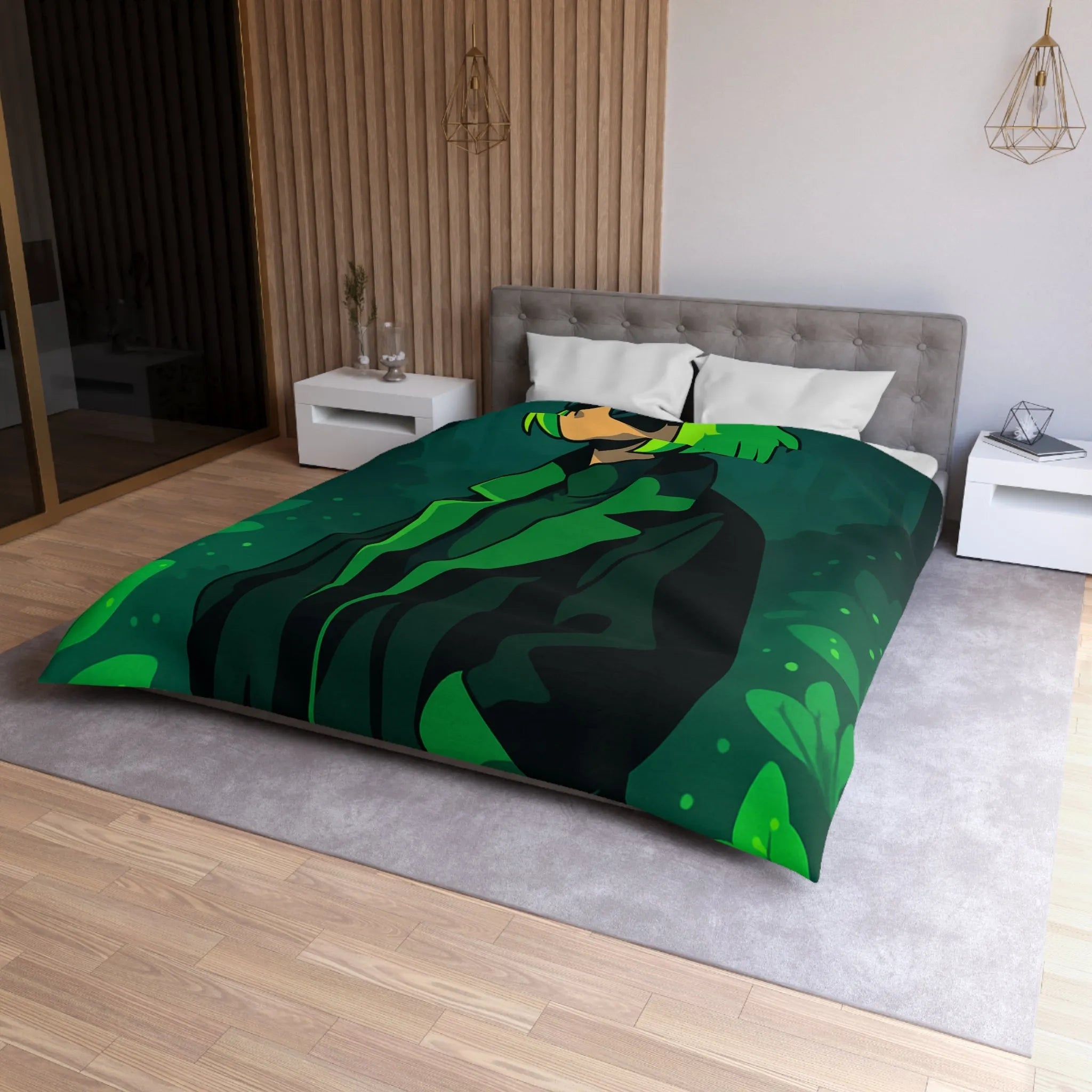 Housse de couette forêt graphique avec personnage mystérieux et nuances vertes élégantes