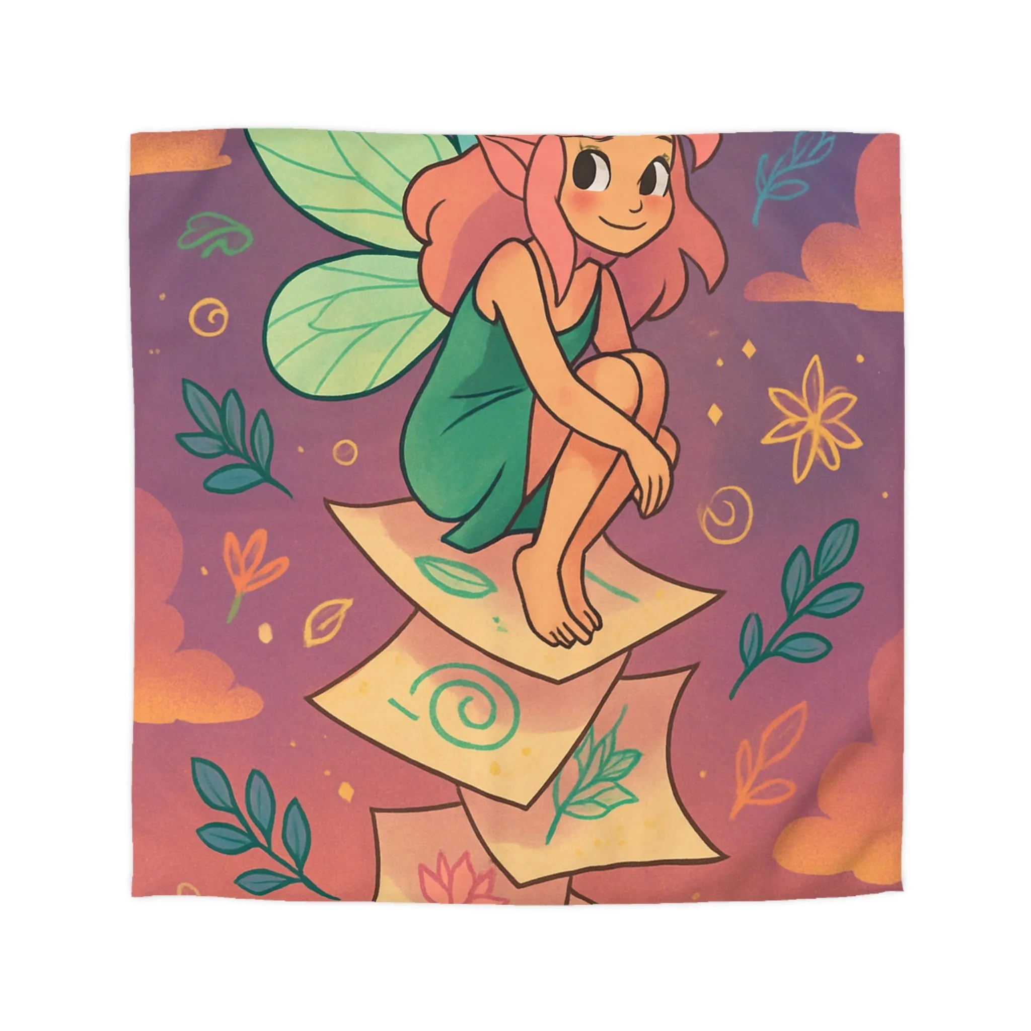 Housse de couette féerique avec fée aux ailes vertes et motifs floraux enchanteurs