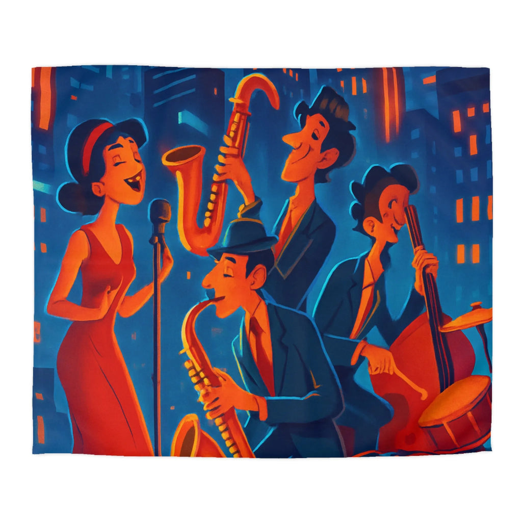 Housse de couette jazz rétro avec chanteuse et musiciens devant gratte-ciels éclairés