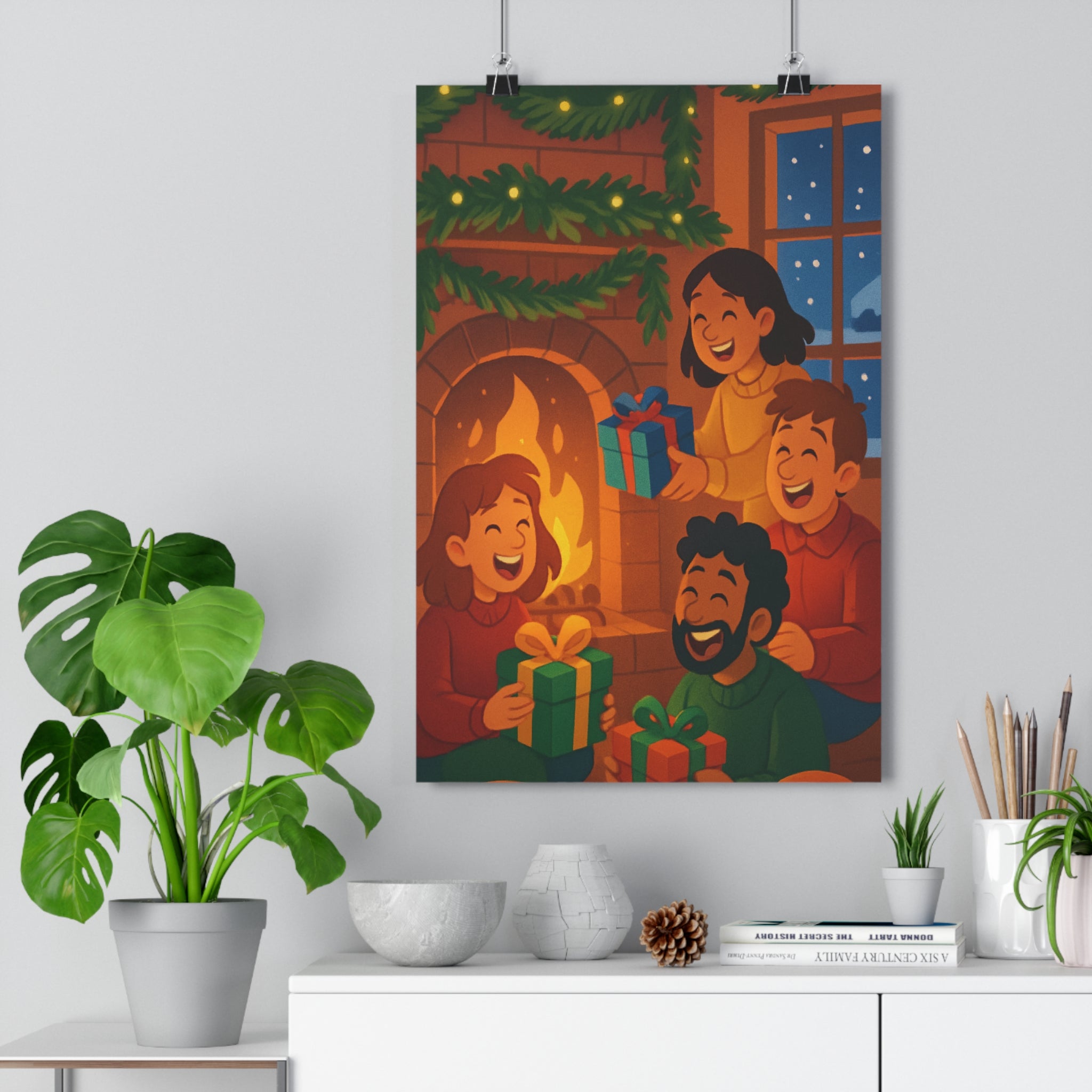 Poster décoratif joyeux Noël chaleureux rouge vert salon cheminée sapin neige ambiance festive maison