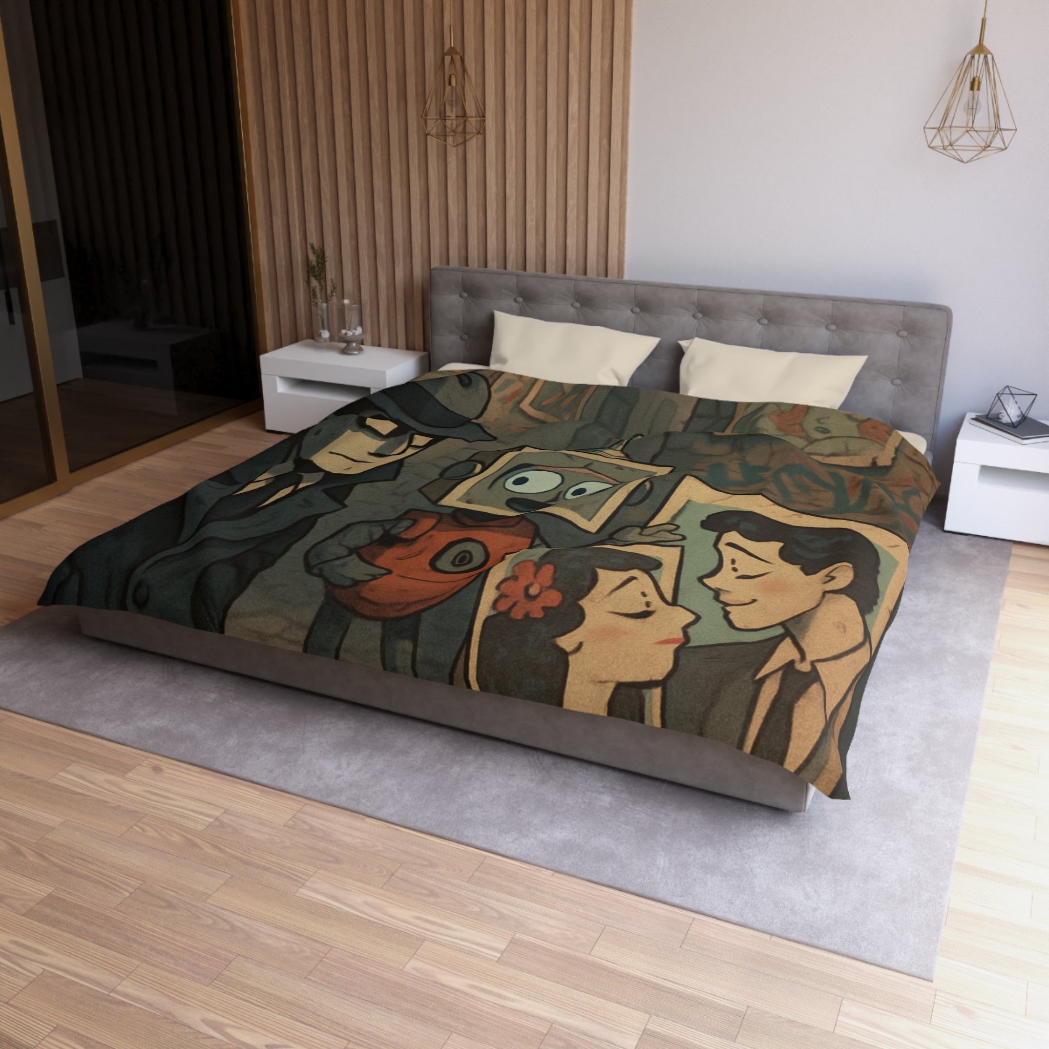 Housse de couette rétro robot vintage, style pop art, ambiance urbaine et romantique